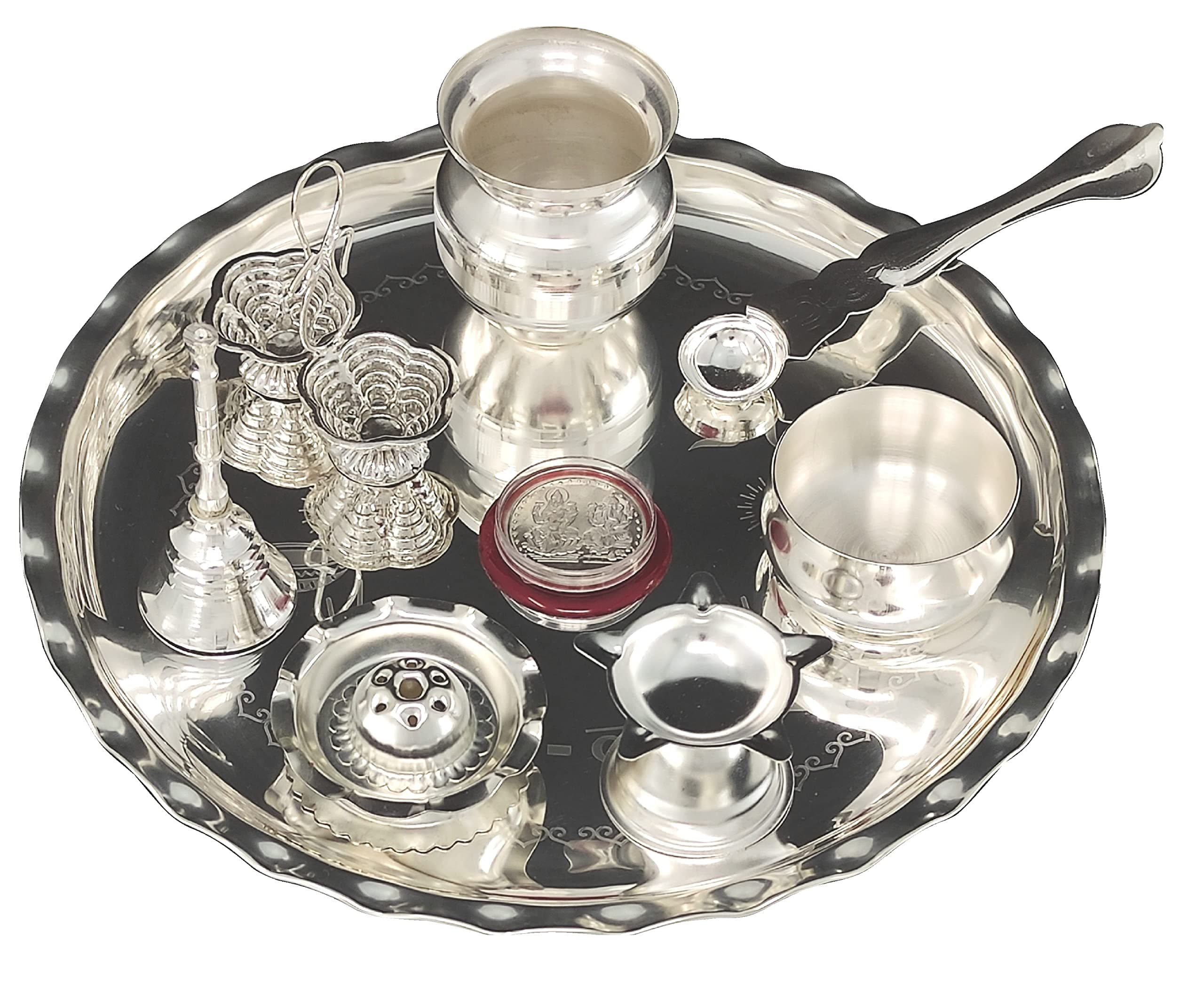 NOBILITY Silver Plated Pooja Thali Set 9.5 Inch with Plate Kalash Palli Diya Kumkum Holder Bowl Dhup Dan Coin Ghanti Puja Thali for Diwali Home Mandir Office Wedding Return Gift Items