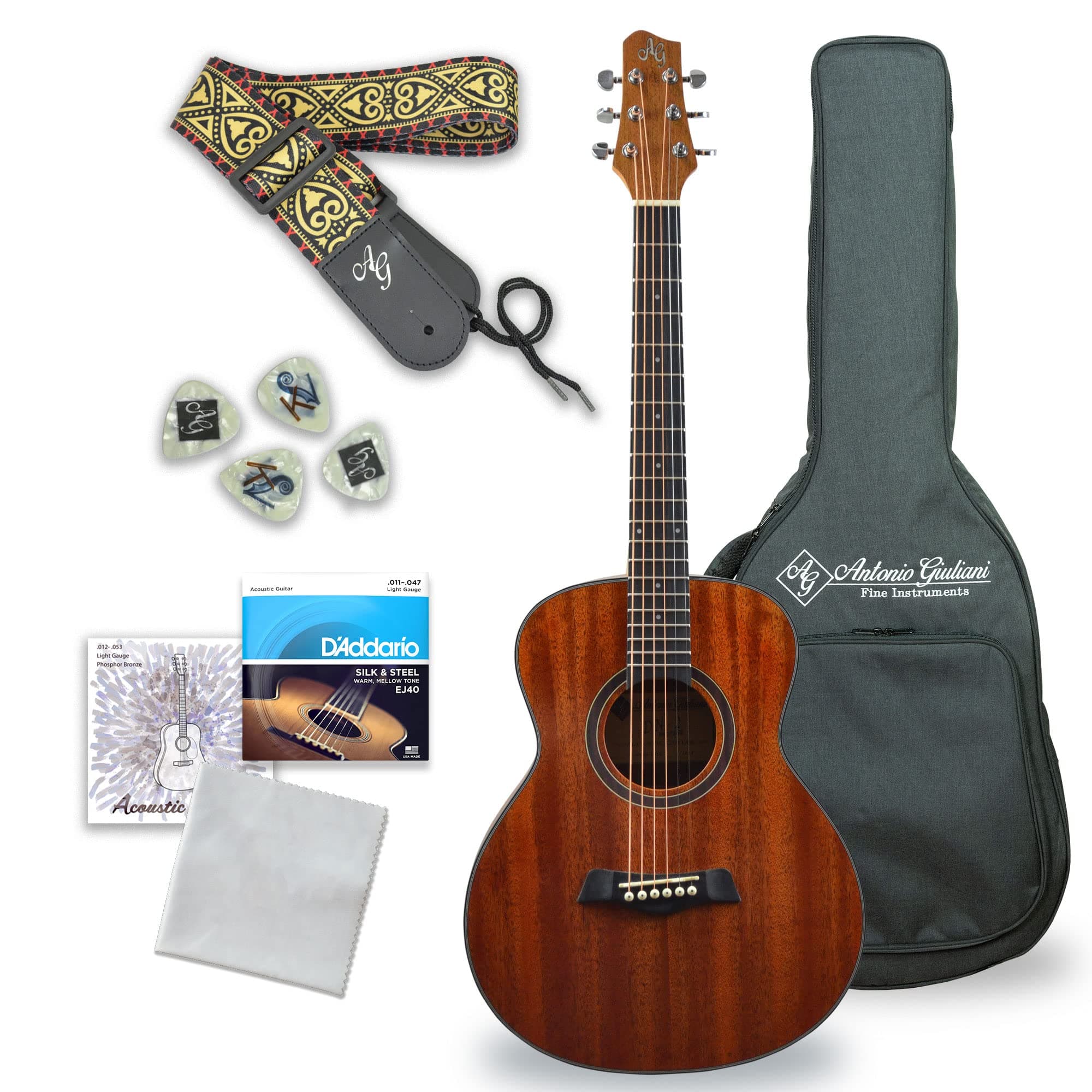 Antonio Giuliani Acoustic Guitar Bundle - Mini Jumbo Short Scale (DN-2P) - Dreadnought Travel Guitar with Case, Strap, Strings and Accessories