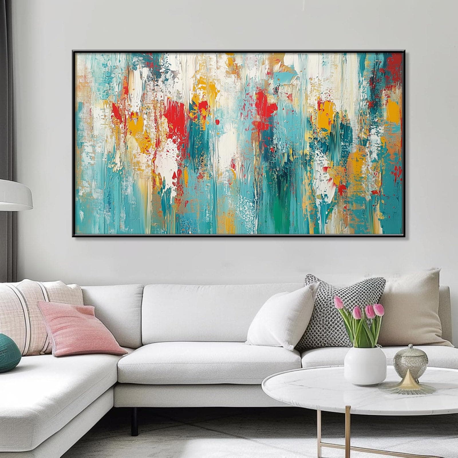 Extra Large Abstract Painting on Canvas, Abstract Wall Decor, Blue Gold Wall Art, Textured Style Artwork, Abstract Print Art, Modern Canvas Art Wall Decor, Wall Decor Office Living Room (Black Frame, 36"x20"|92x52cm)