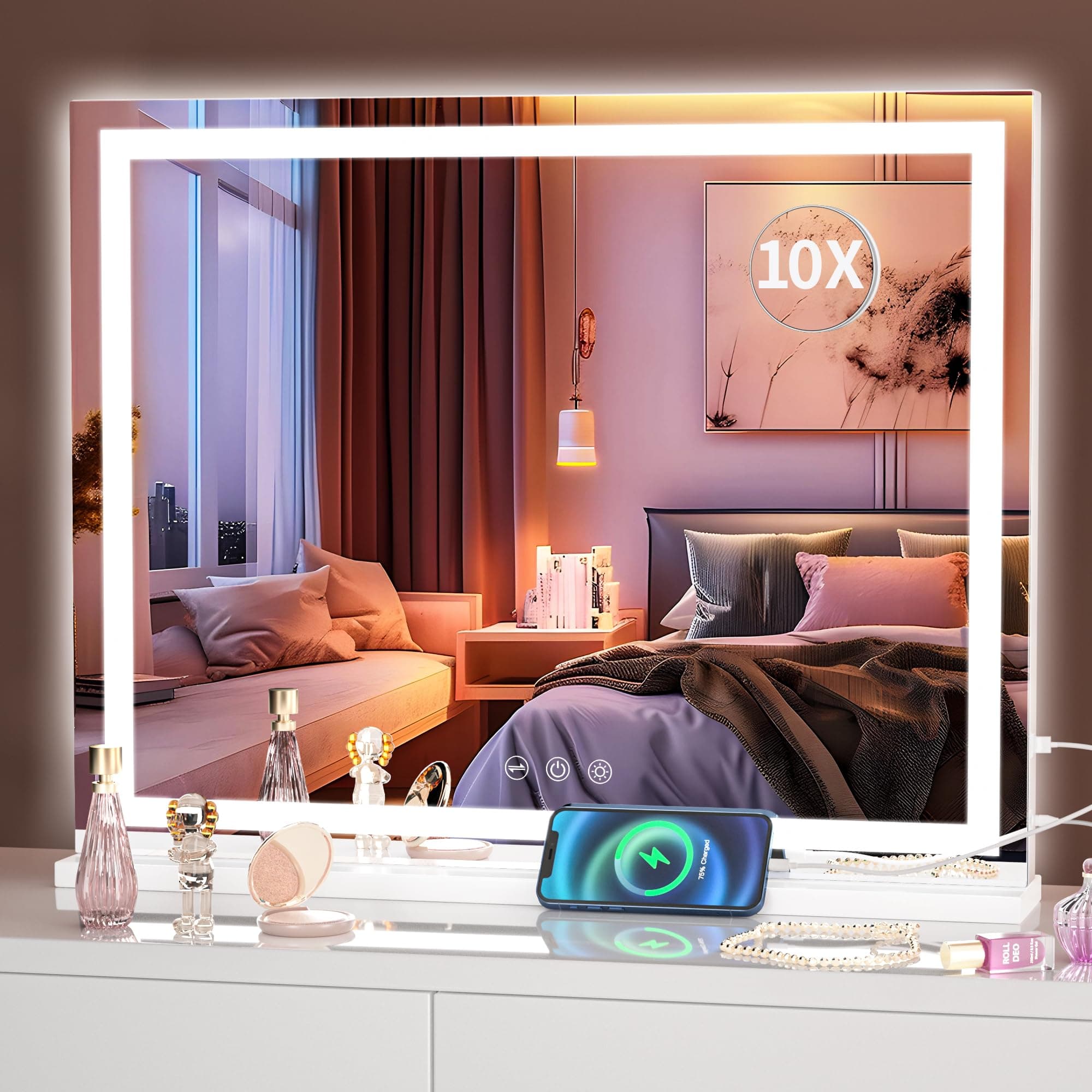 Hasipu Vanity Mirror with Lights, 58 x 46cm LED Makeup Mirror, Lighted Make up Mirrors with Dimmable 3 Modes, Touch Screen Control Vanity Mirrors Square White