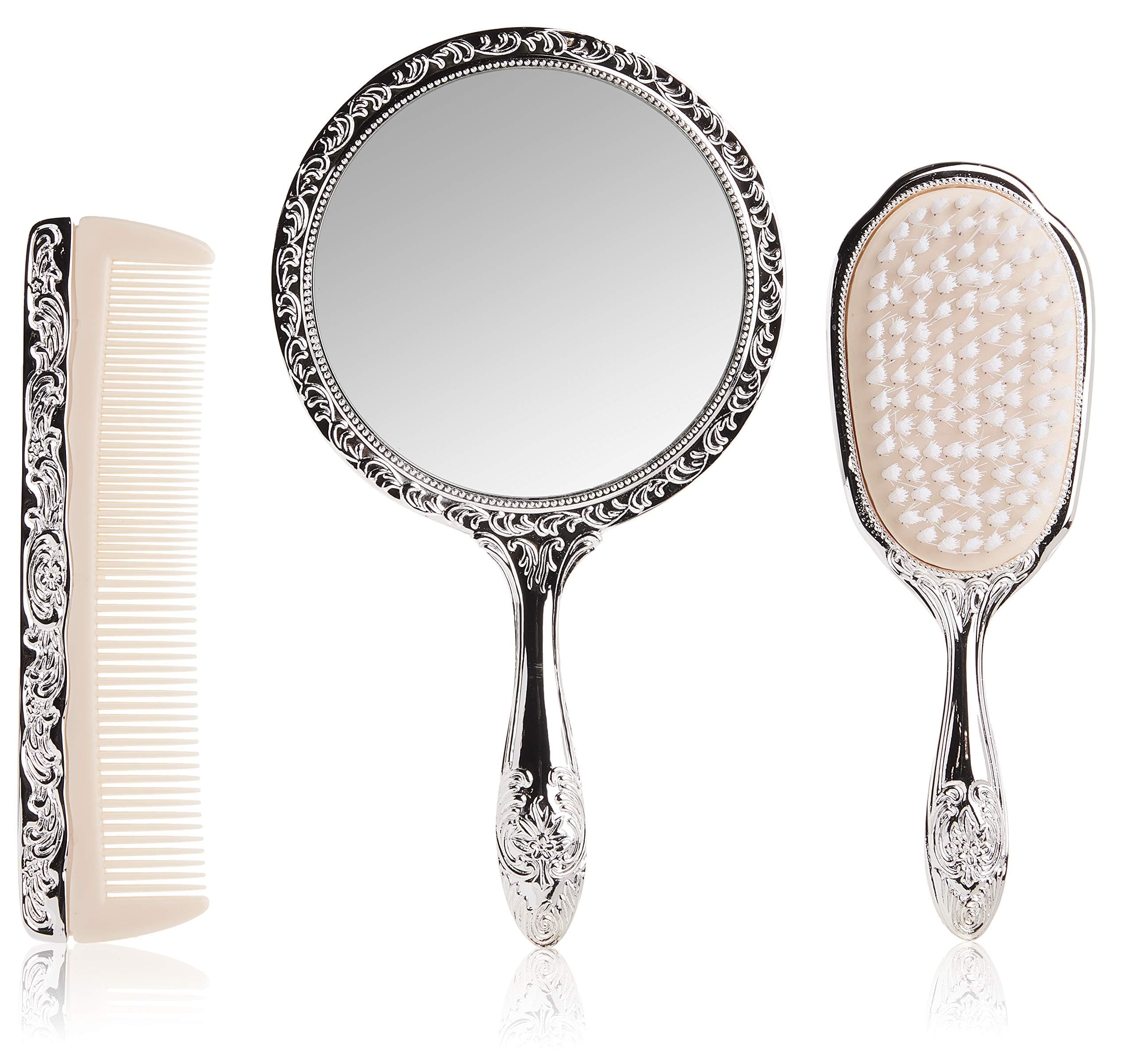 Kingsley 3 pc Silver Chrome Girls Vanity Set Comb Brush Mirror.