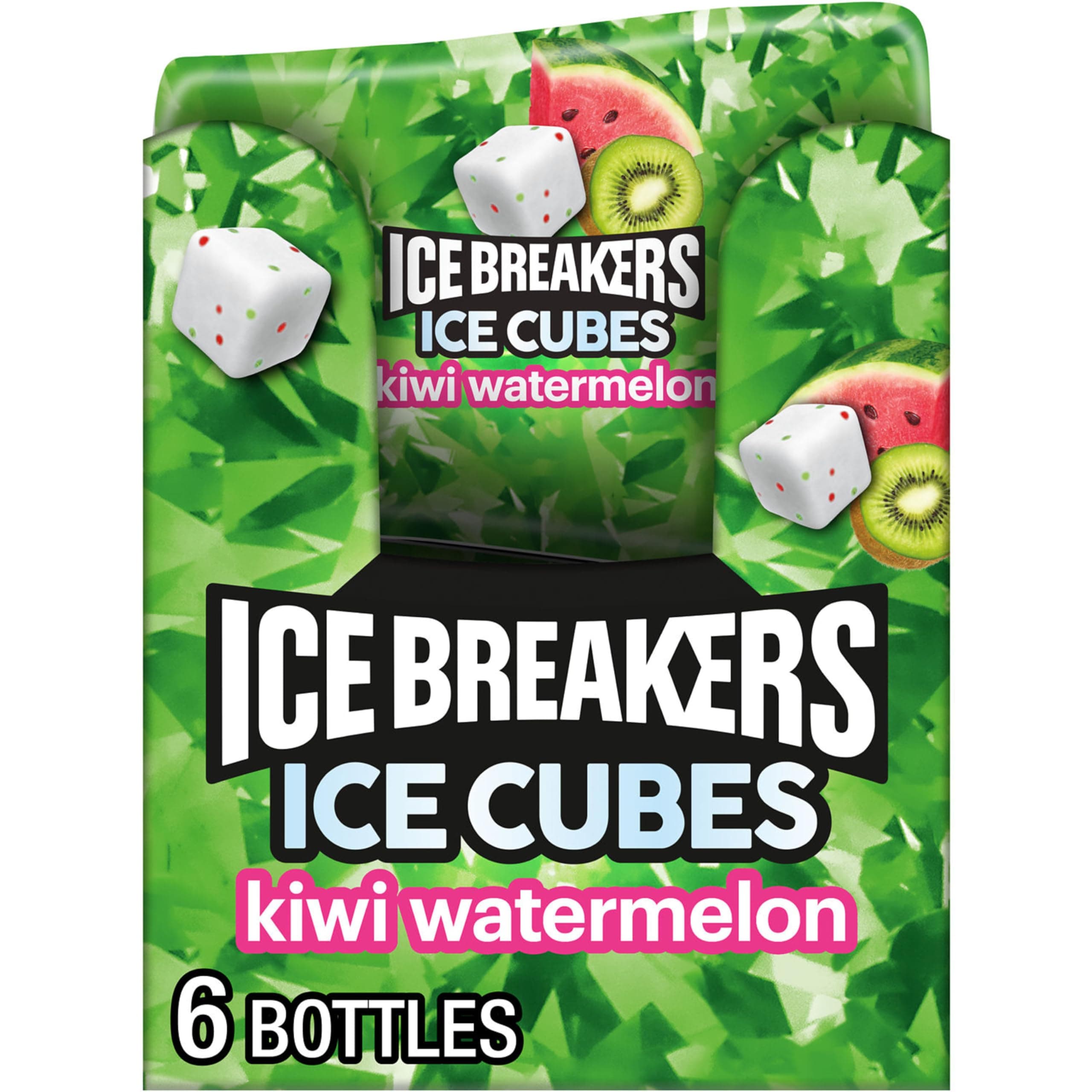 ICE BREAKERS Ice Cubes Kiwi Watermelon Flavored Sugar Free Chewing Gum Bottles, 3.24 oz (6 Count, 40 Pieces)