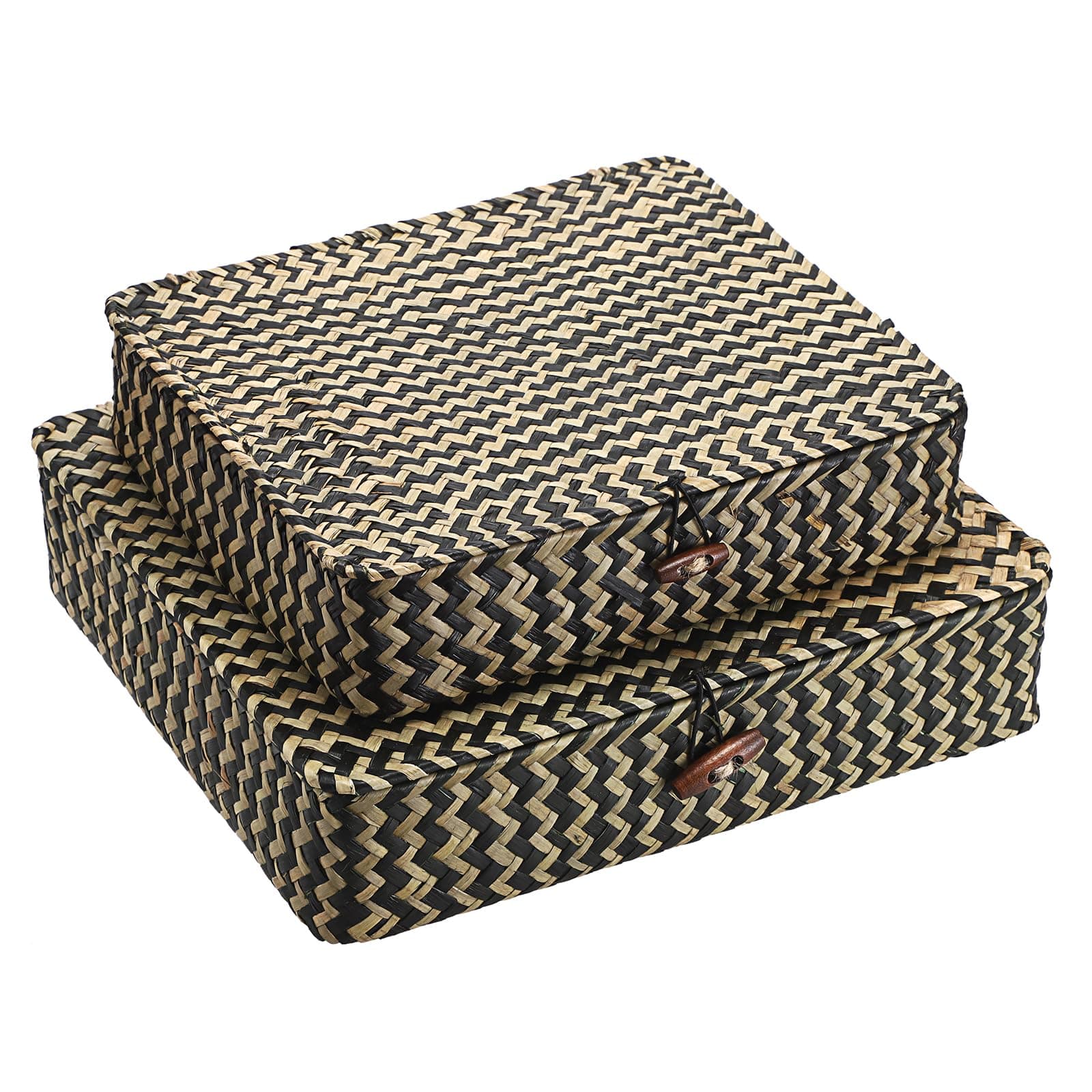 Hipiwe Woven Storage Basket with lid - Flat Wicker Storage Baskets Bins Natural Seagrass Storage Baskets Box for Shelf Home Decor, Set of 2, Blacks Strips