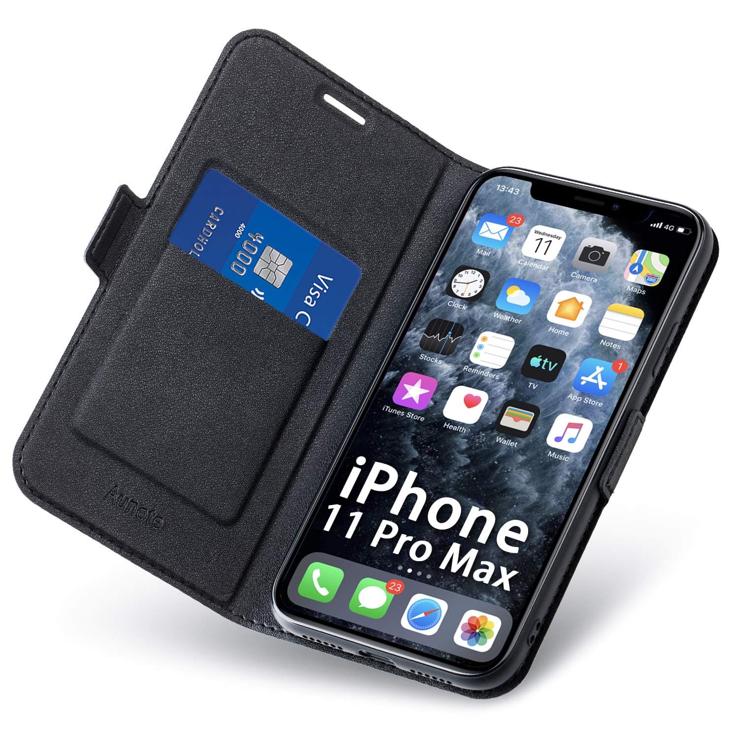 Aunote iPhone 11 Pro Max Case Wallet, iPhone 11 Pro Max Flip Case with Card Holder, Magnetic Closure, Kickstand, Ultra Slim PU Leather Folio Phone Cover Full Protection iPhone11ProMax 2019. Black