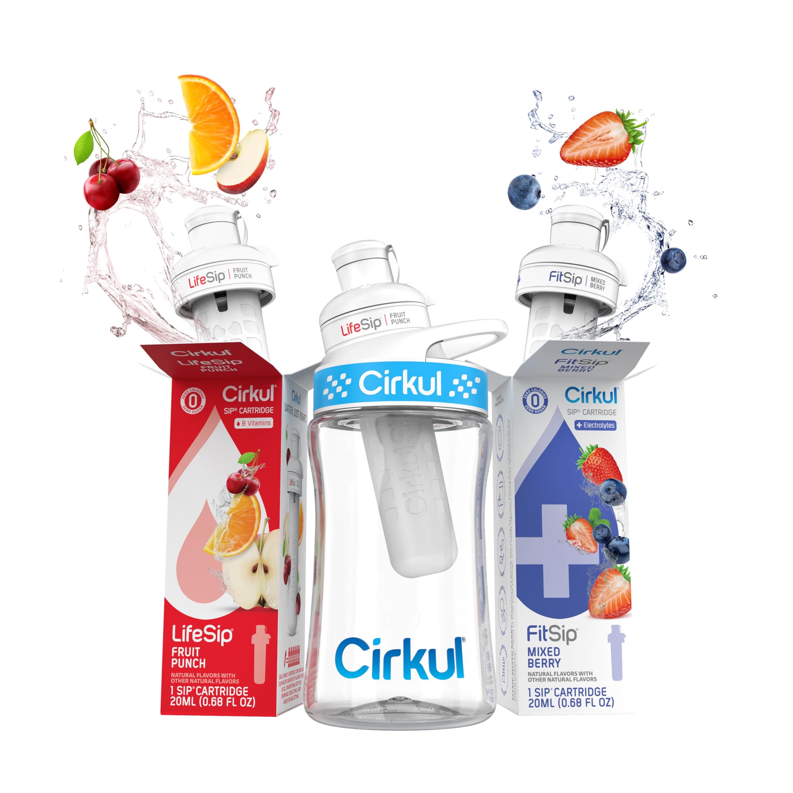 Cirkul 12 oz Plastic Water Bottle Starter Kit with Blue Lid and 2 Flavor Cartridges (Fruit Punch & Mixed Berry)