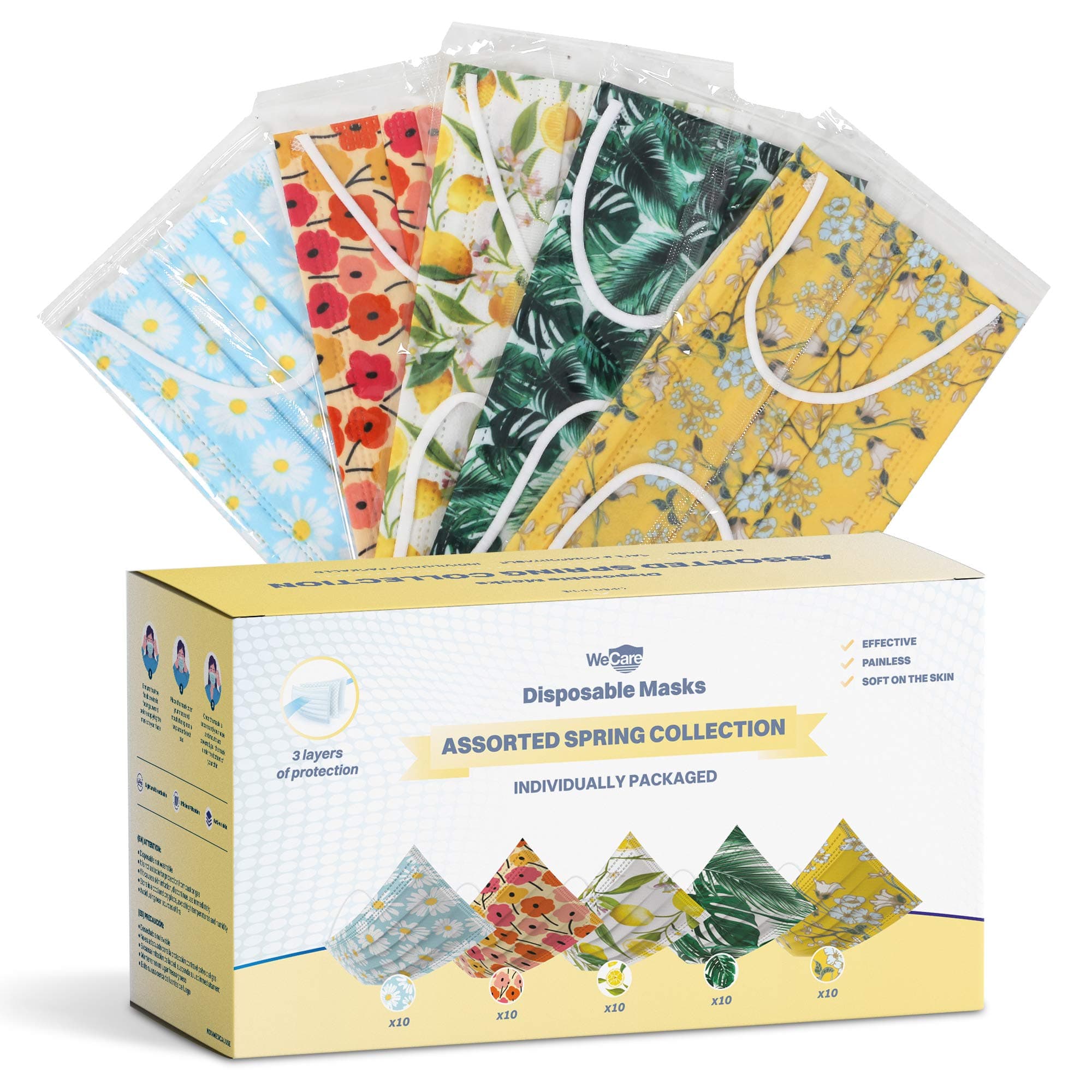 WeCare Disposable Face Mask Individually Wrapped - 50 Pack, Spring Print Masks - 3 Ply