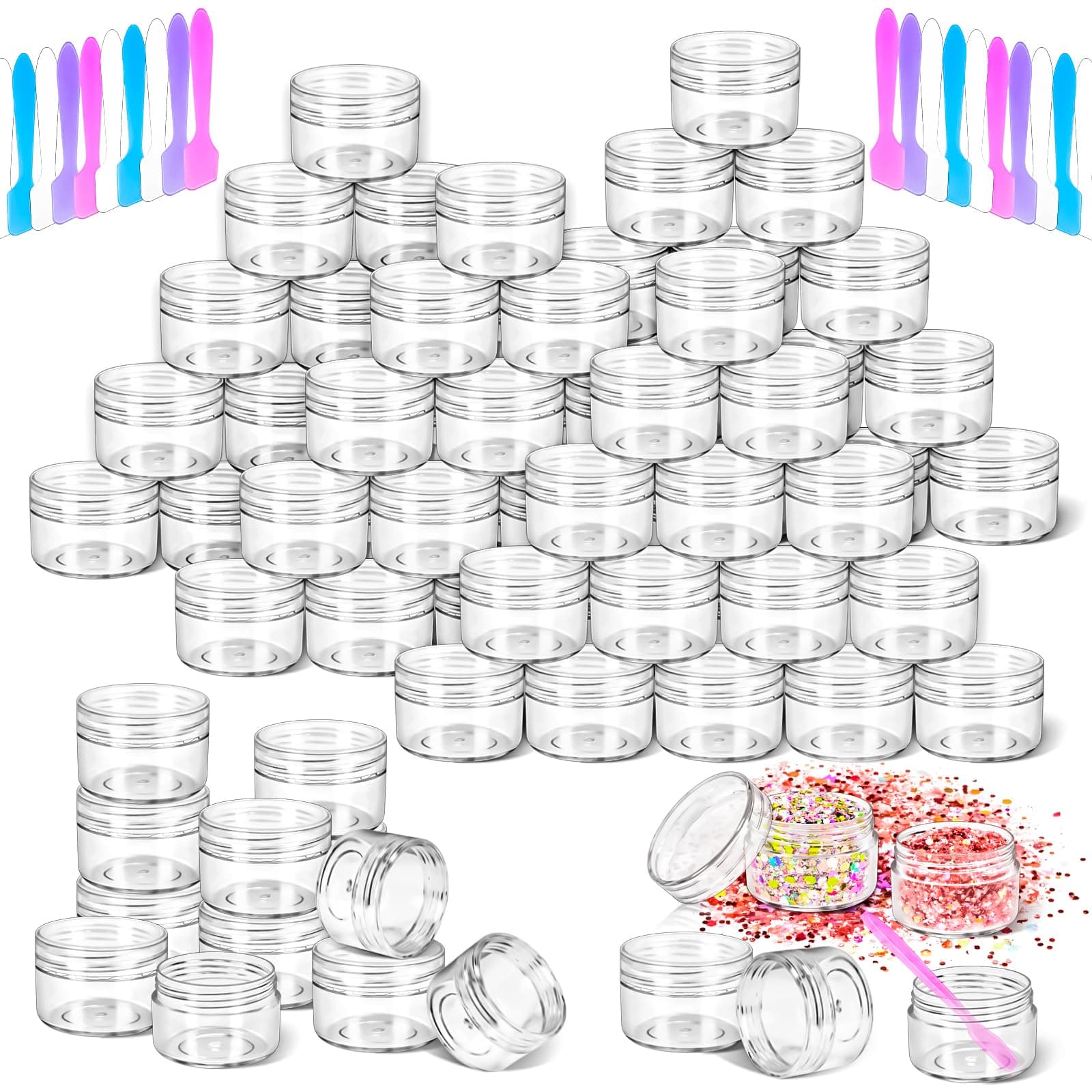 MotBach 40 PCS 15g Empty Plastic Containers with Clear Lids, Small Makeup Containers, 0.5oz Small Sample Jars Round Travel Cosmetic Jars with Spatulas for Liquid Cream Lotion Powder