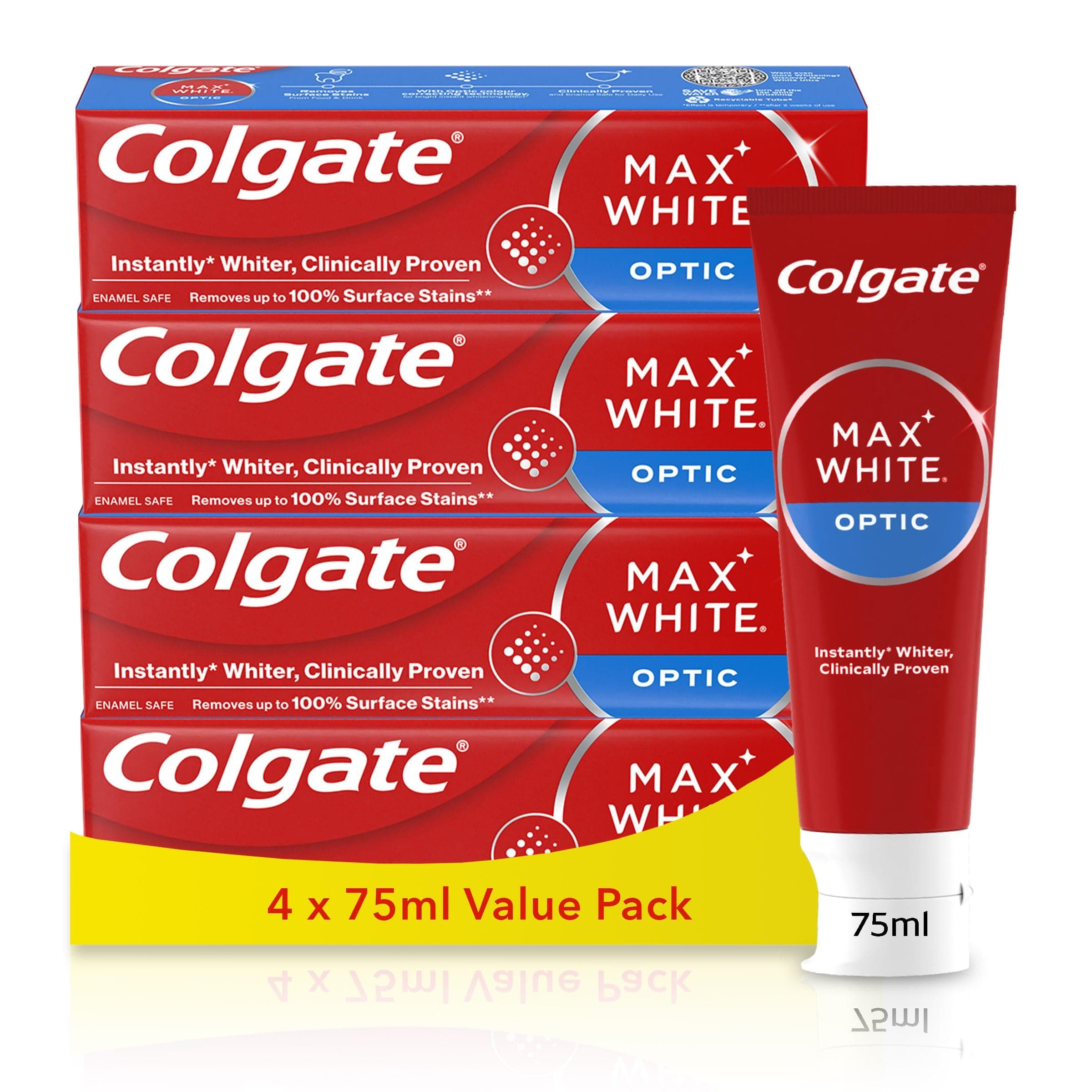 Colgate Max White Optic Toothpaste 4X75ml - Teeth Whitening Toothpaste - Clinically Proven Formula - Removes up to 100% of Surface Stains - Optic Brighteners Instantly Whiten Teeth
