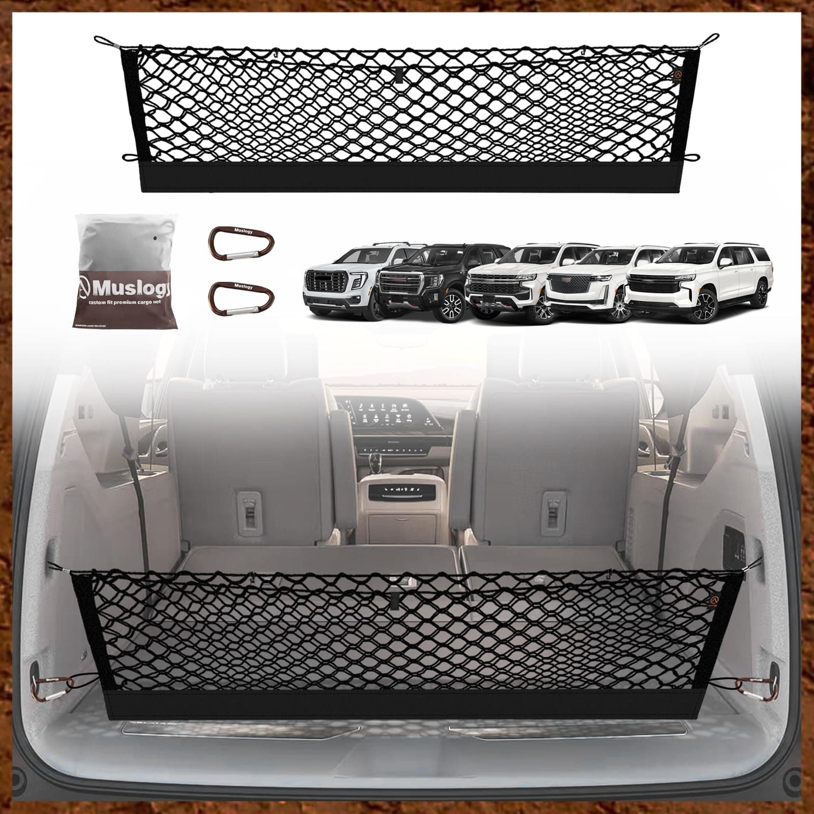 Envelope Style Trunk Cargo Net Compatible with 2021-2025 Chevy Suburban&Tahoe, GMC Yukon&Yukon XL, Cadillac Escalade Accessories Upgraded Mesh Storage Luggage Net with Metal Hooks