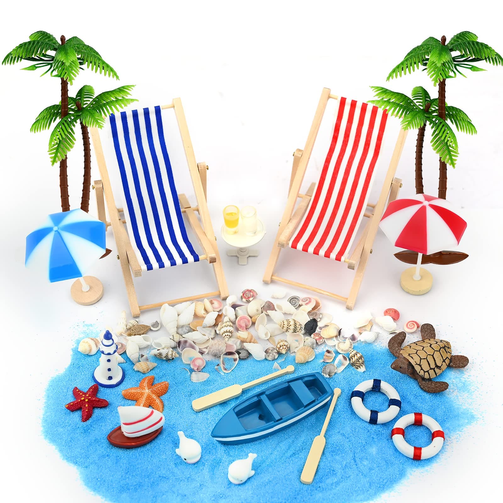 22 Pcs Beach Micro Landscape Miniature Decorations Mini Beach Decorations Mini Deck Chair Beach Chair Parasol Small Palm Tree Decorative Accessories for DIY Zen Garden Decoration Unique Gift