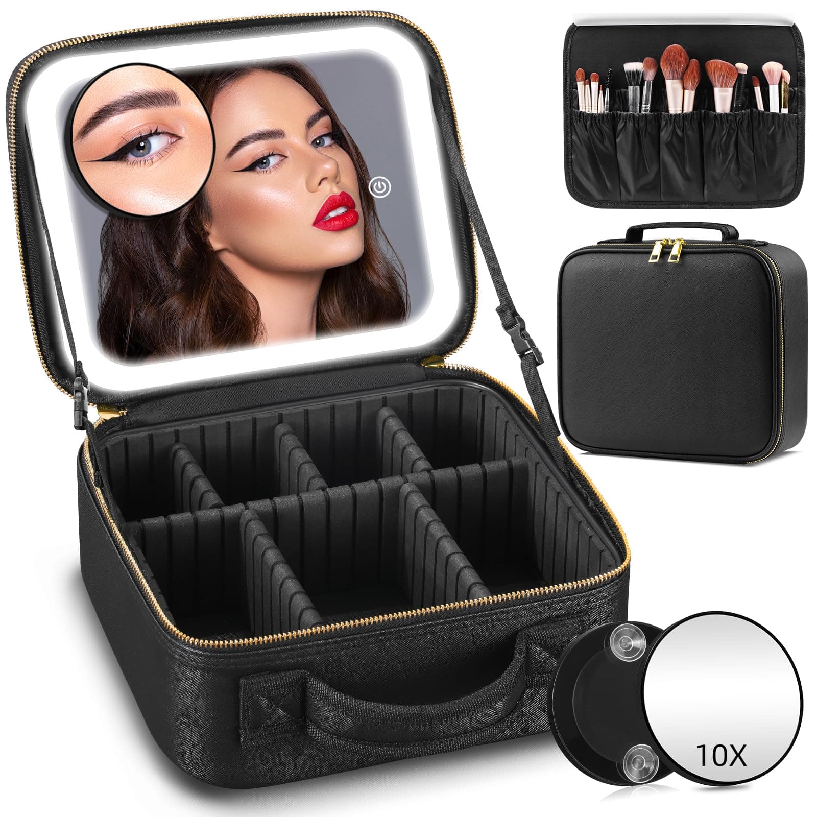 RRtide Makeup Train Case with Mirror and Lights 3 Color Adjustable Brightness Cosmetic Case Large Makeup Bag Portable 2-Layers Adjustable Dividers,Rechargeable,Waterproof,for Travel or Business(Black)