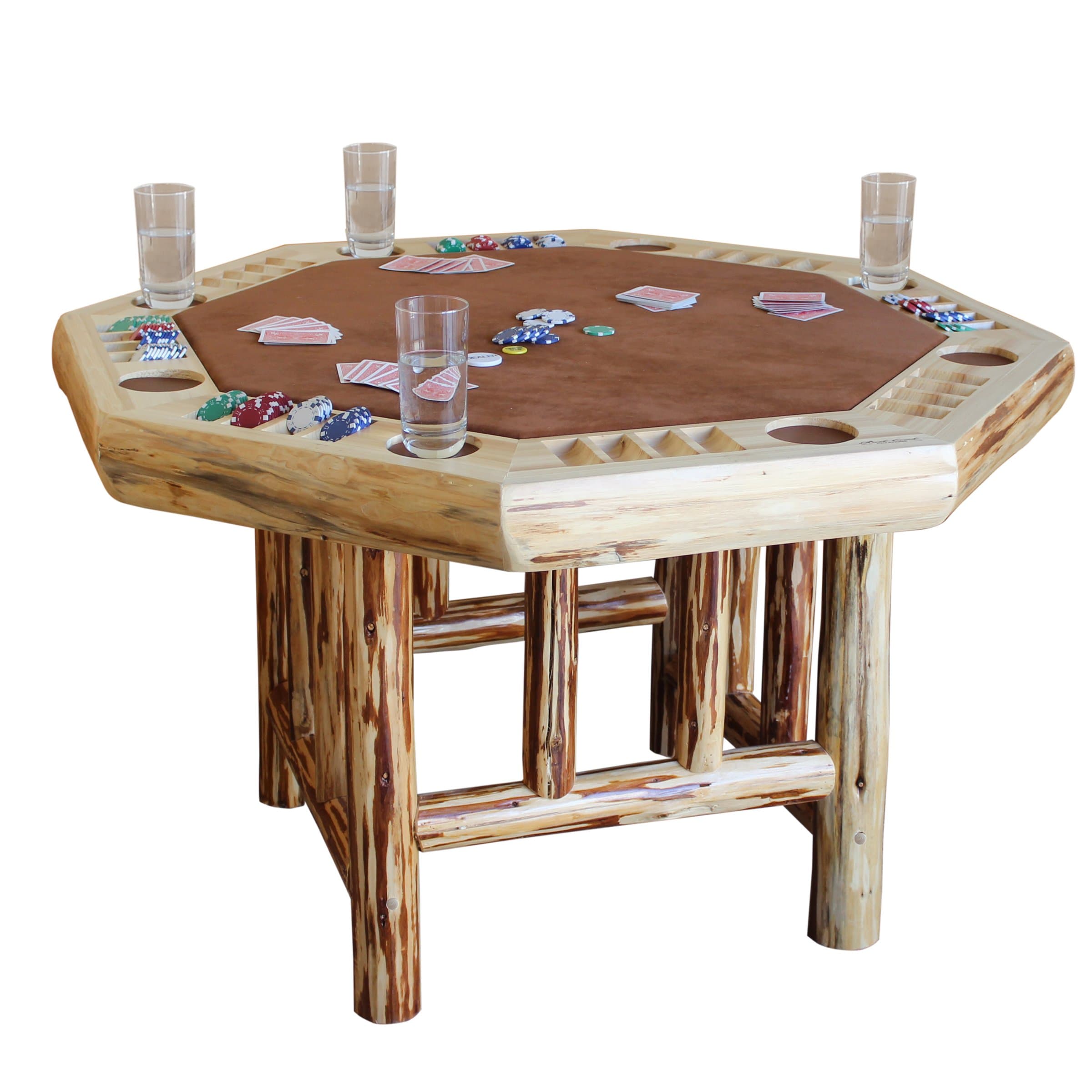 Rush Creek Creations 8 Player Octagon Poker Table - Handcrafted Rustic Log Wood - Plush Padded Velvet