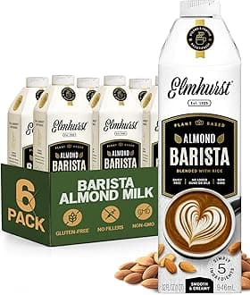 - Elmhurst 1925 Almond Milk Barista Edition – 32oz (6-Pack) Plant-Based, Vegan, Dairy-Free, Kosher, Gluten-Free, Non-GMO, Froths for Lattes & Iced Coffee, 3g Protein per Serving, Simple Ingredients