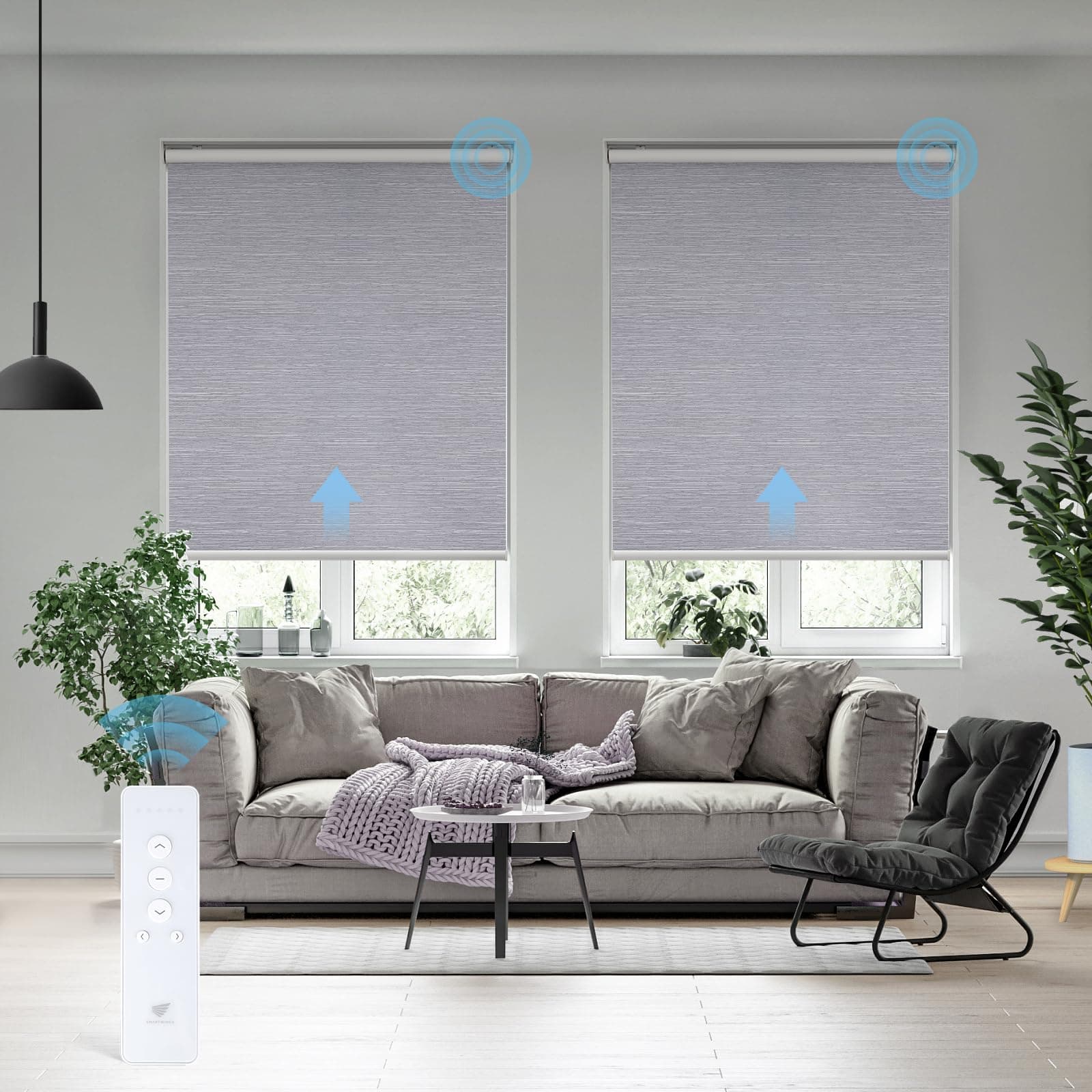 Motorized Roller Shade Work with HomeKit, 100% Blackout Auto Window Blinds, Smart Home Cordless Remote Control, Rechargeable Motor, Light Grey,Maxium Height 72 inch, Width 24 inch