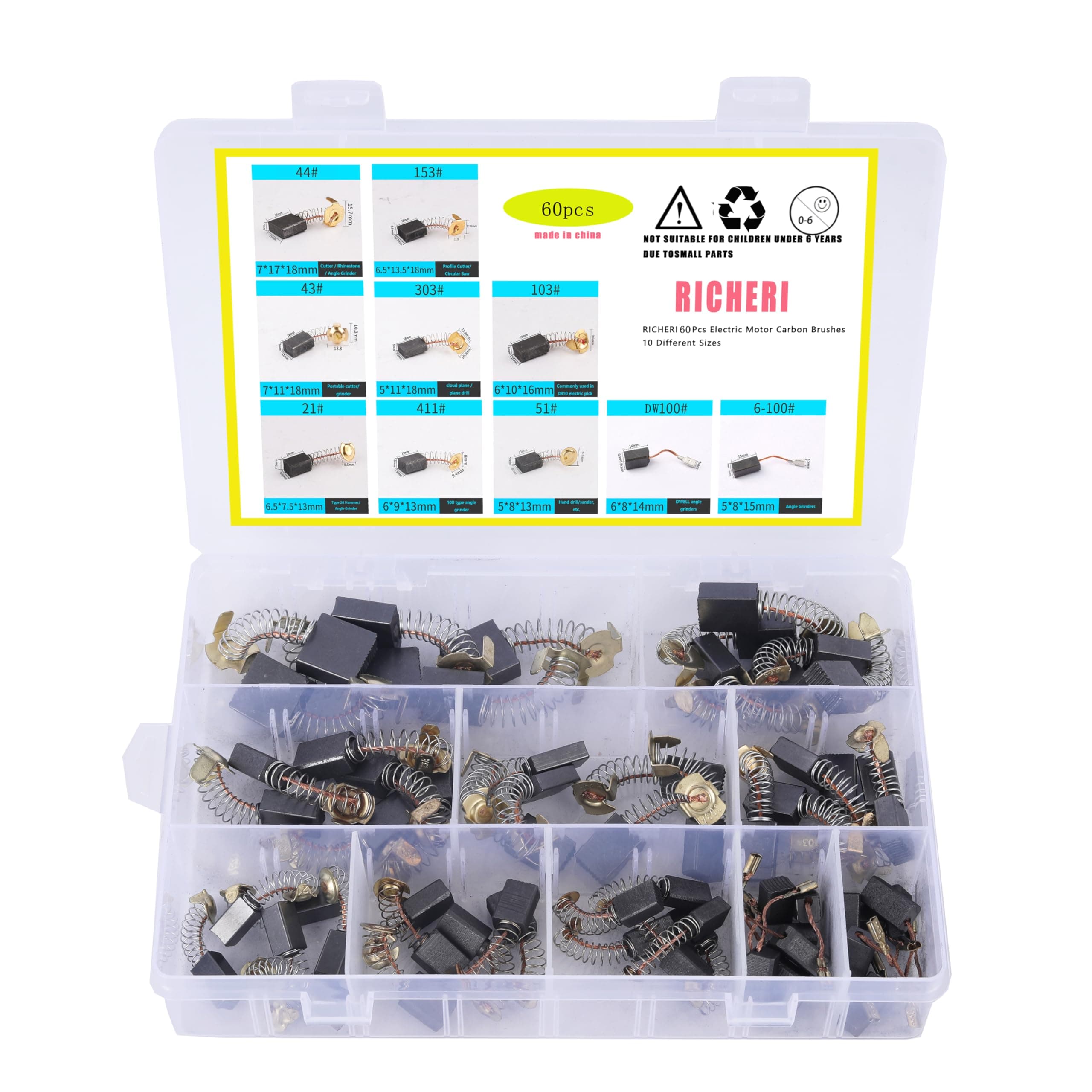60 Pcs Electric Motor Carbon Brushes 10 Different Sizes for Replacement Repair Power Tool Part