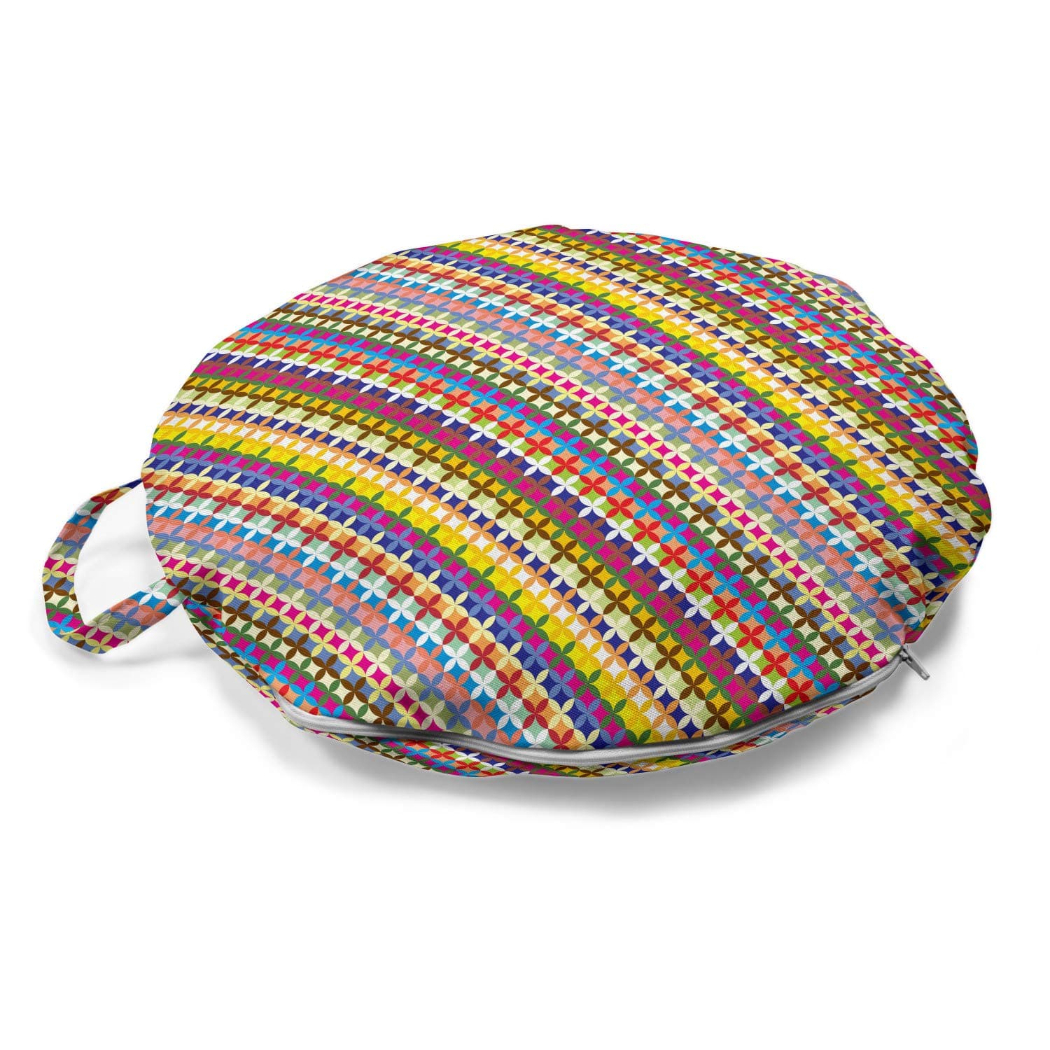 AmbesonneAbstract Round Floor Cushion with Handle, Summer Spring Inspired Blooming Diagonal Flower Pattern Colorful Flower of Life, Decorative Pillow for Living Room & Dorms, 18" Round, Multicolor