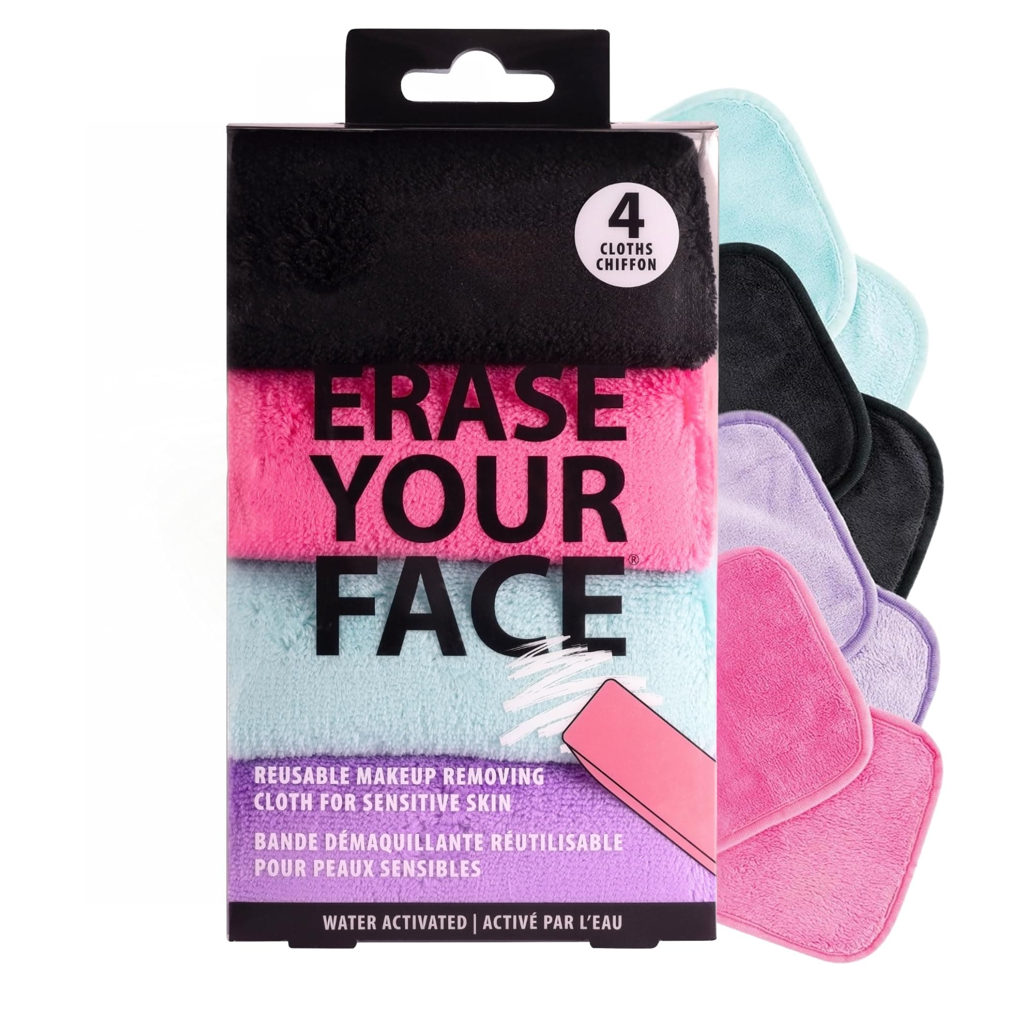 Danielle Creations Erase Your Face Eco Friendly Reusable Make Up Remover Cloths- Multipack Box of 4 Brights