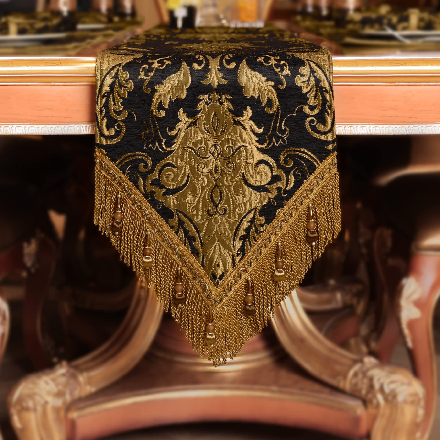 Loom and Mill Luxury Dining Table Runner 90 inches Long, Classic Damask Jacquard Chenille Table Runners with Handmade Multi-Tassels for Dining Room Dresser Party Banquet Decoration(Black, 13*90 inch)
