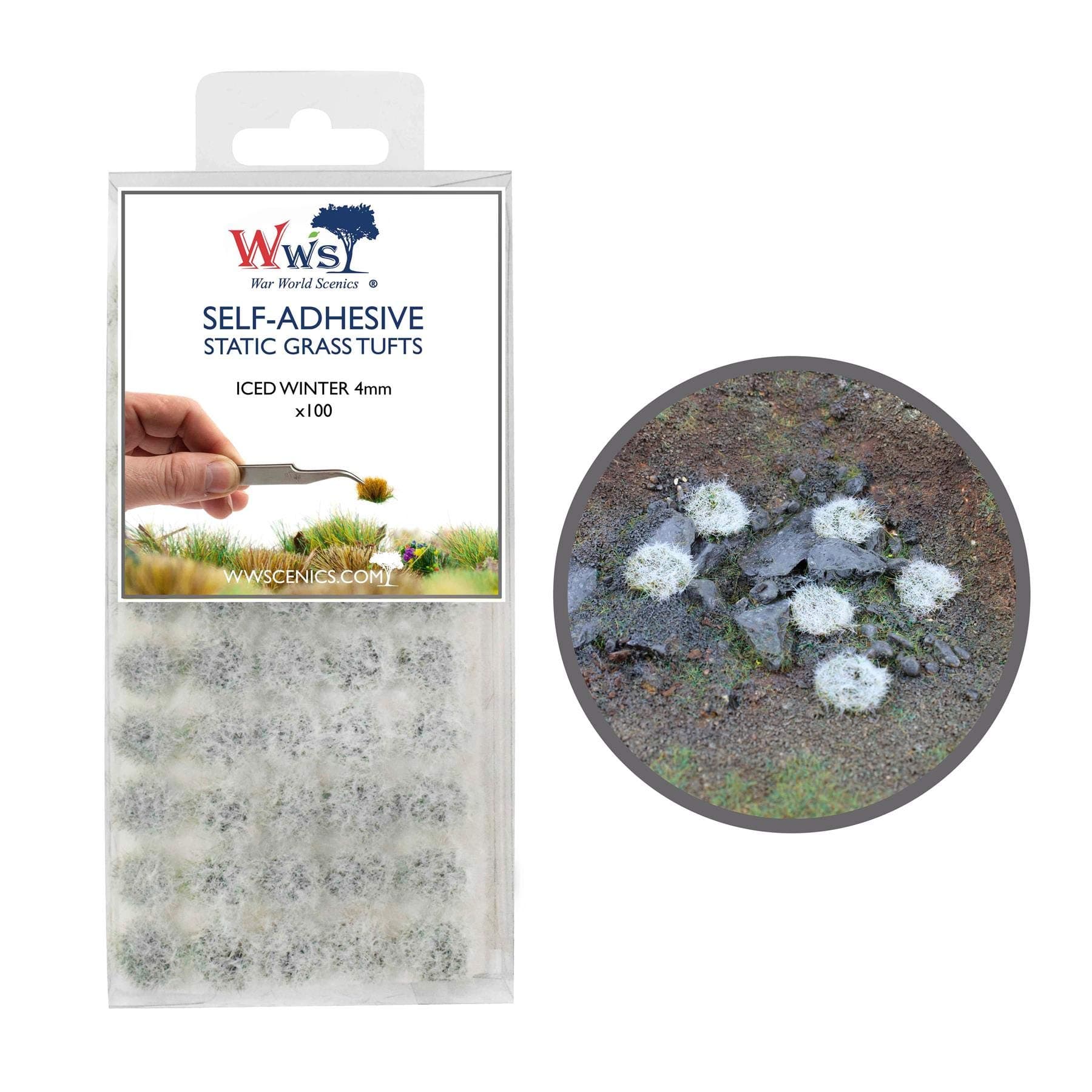War World Scenics Self Adhesive Static Grass Tufts x 100 – Iced Winter, 4mm – Model Railway Wargame Scenery Railroad Modelling Diorama Miniature Hobby Tabletop