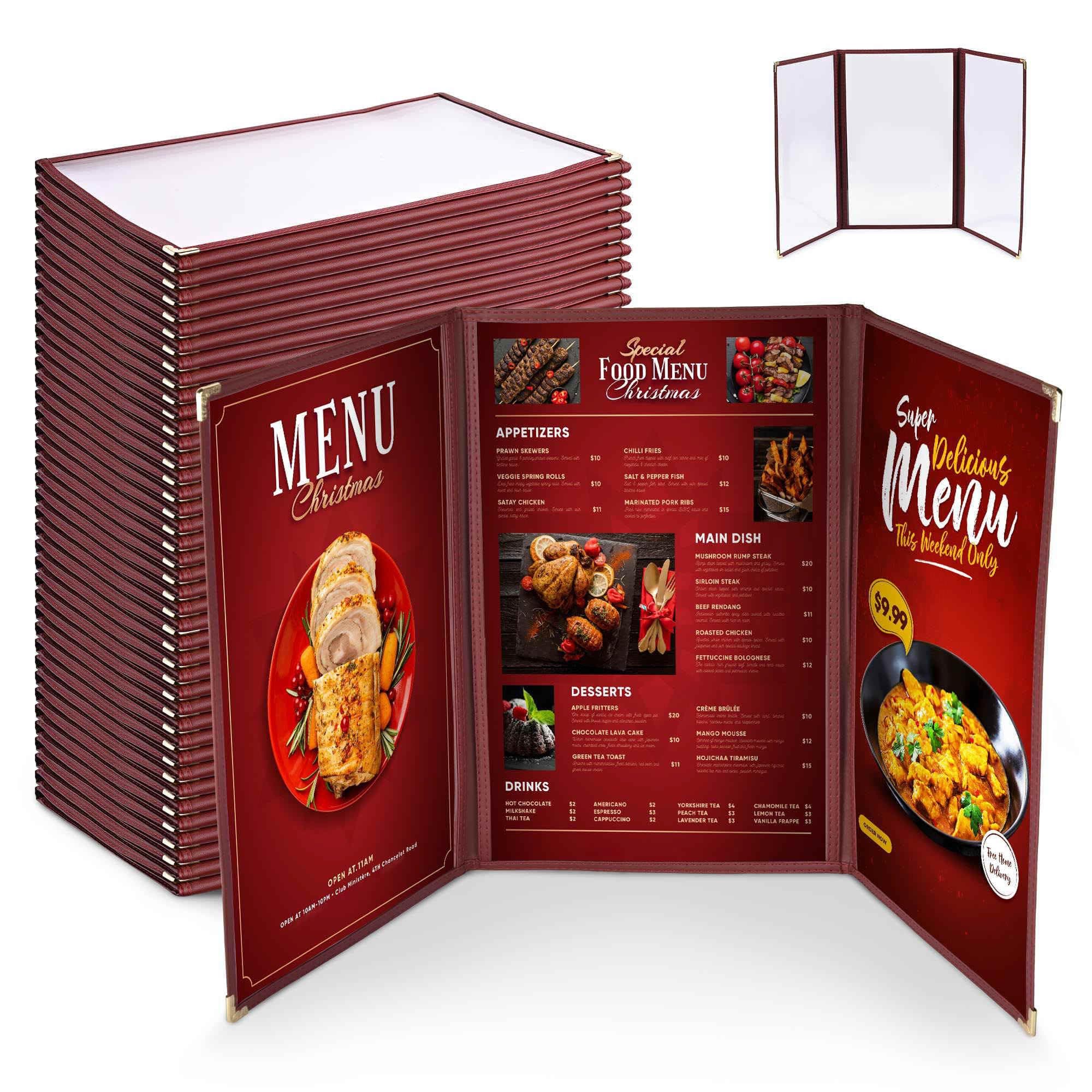 WeChef 30 Pack Restaurant Menu Covers 8.5 x 14 Triple Fold 3 Pages 6 Views Transparent Restaurant Menu Covers Holder Burgundy