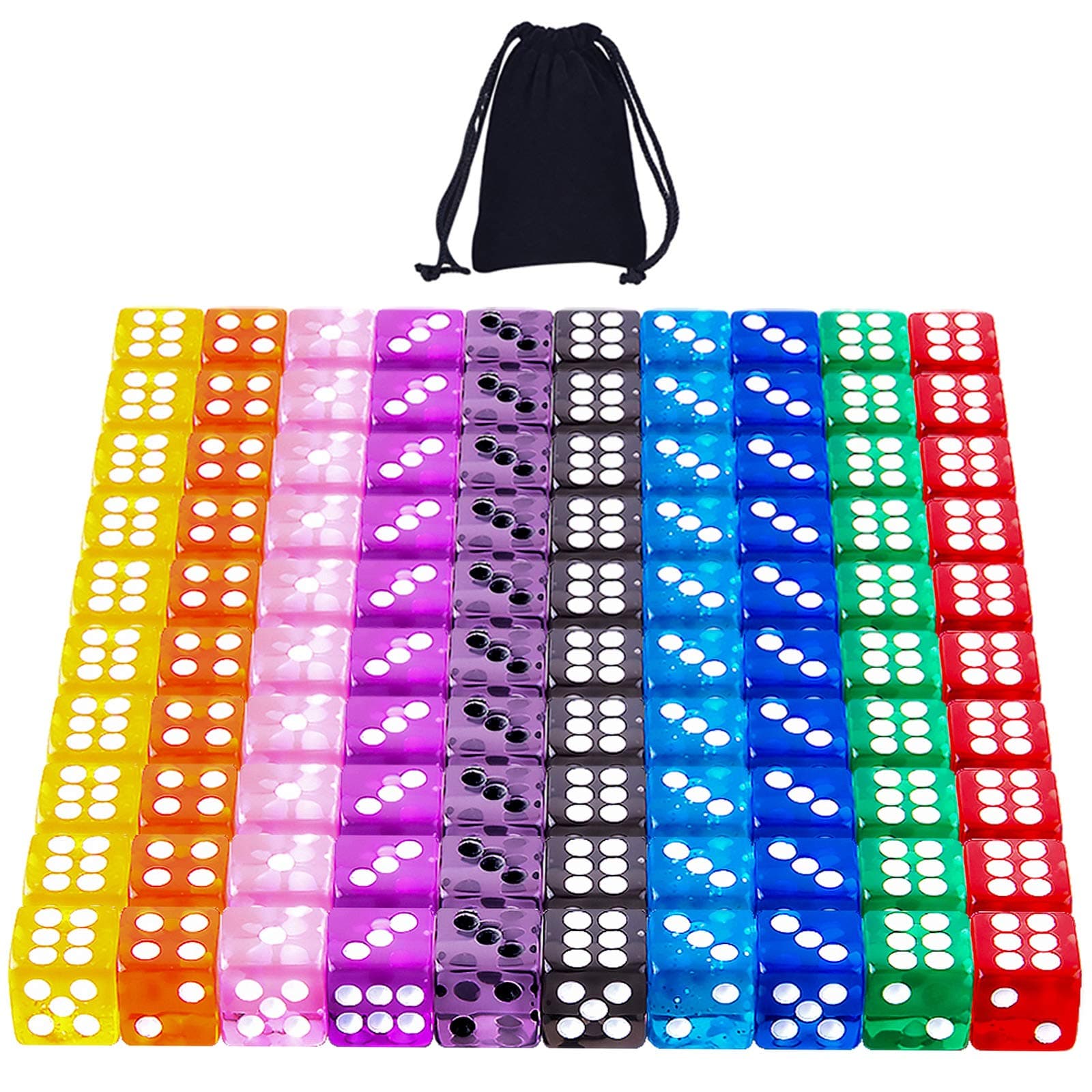 AUSTOR 100 Pieces Dice 12mm Game Dice Set 6 Sided Dice Translucent Colors Square Corner Dices Set for Tenzi, Farkle, Yahtzee, Bunco or Teaching Math with a Velvet Drawstring Bag