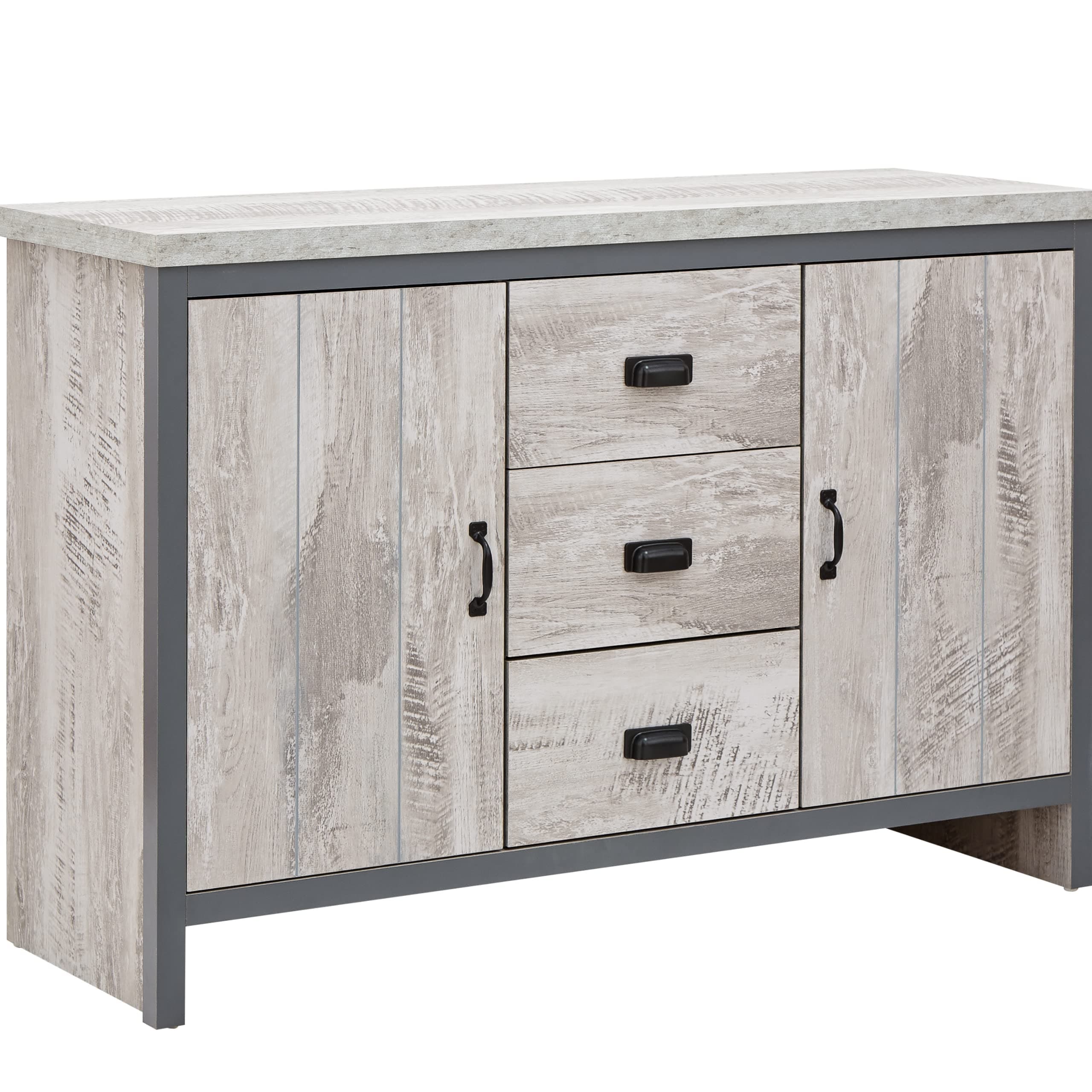 GFW Boston Sideboard Unit With 3 Storage Drawers & 2 Door Storage Cabinets & Adjustable shelves, Contemporary Grey Wooden Oak Sideboards For Living room, Kitchen, Bathroom, 113W x 39D x 74.6H cm