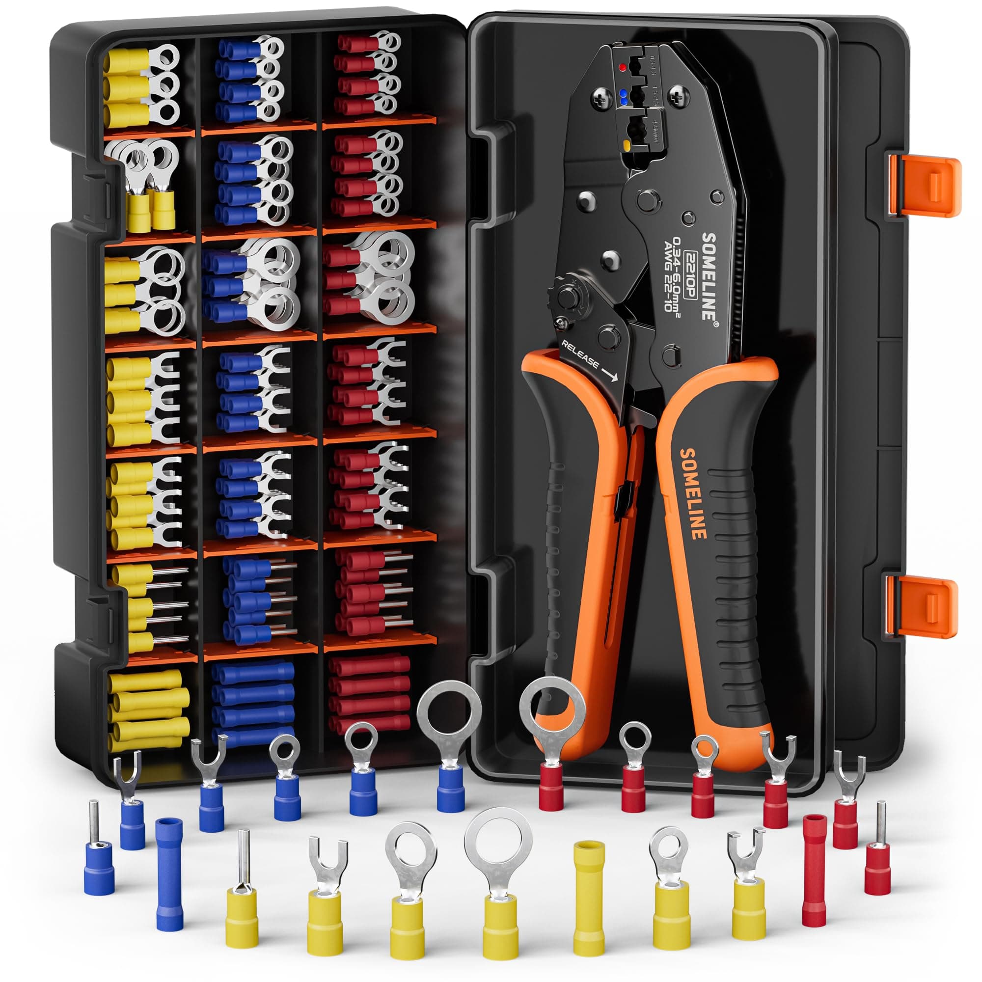 SOMELINE Wire Connectors Kit with Crimping Tool, 21 Types (UL Listed) Premium Insulated Electrical Terminals Assortment, 22-10 AWG Ratchet Wire Crimper - Ring, Fork, Butt, Pin Connectors (147 Pcs)