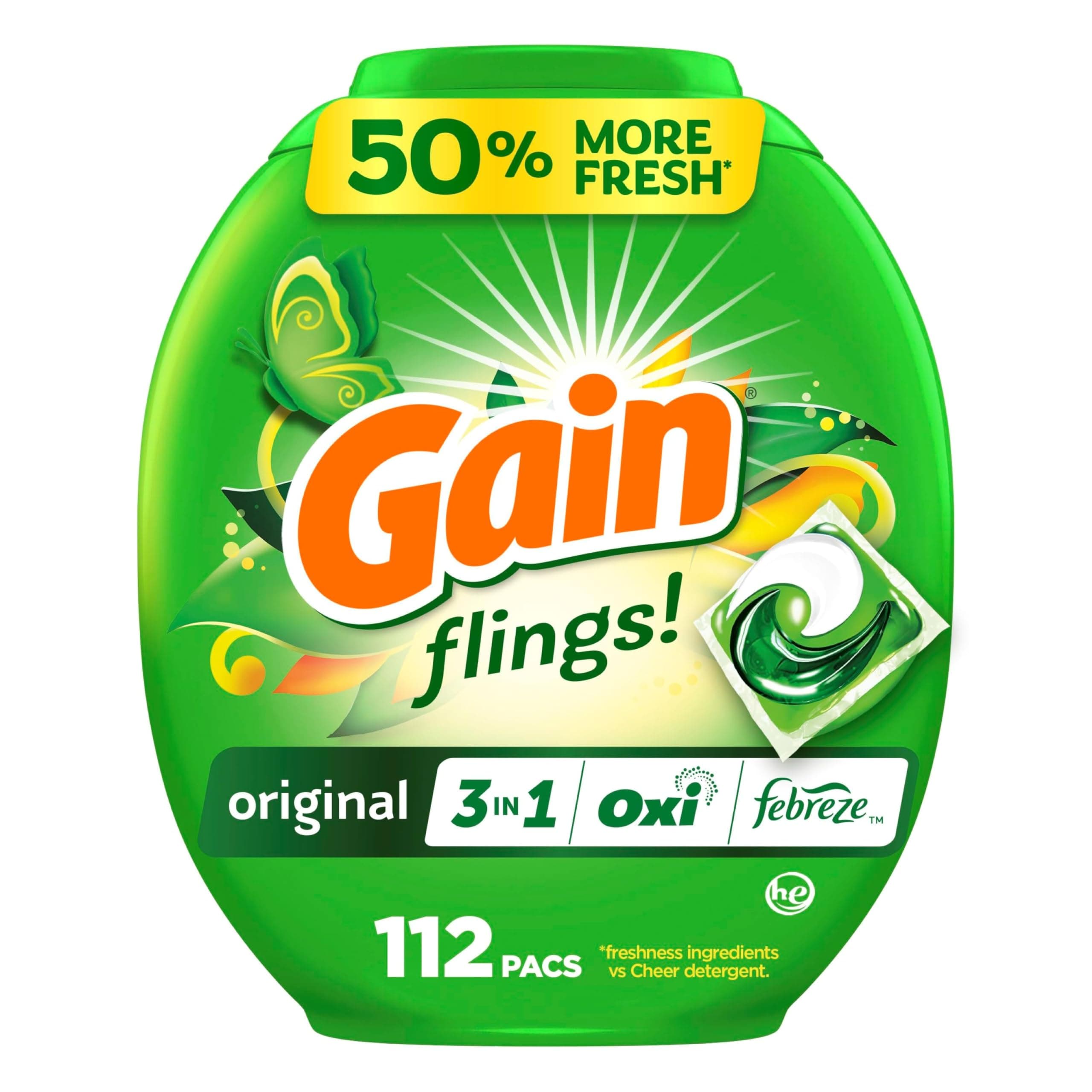 Gain flings Laundry Detergent Soap Pacs, HE Compatible, Long Lasting Scent, Original Scent, 112 count