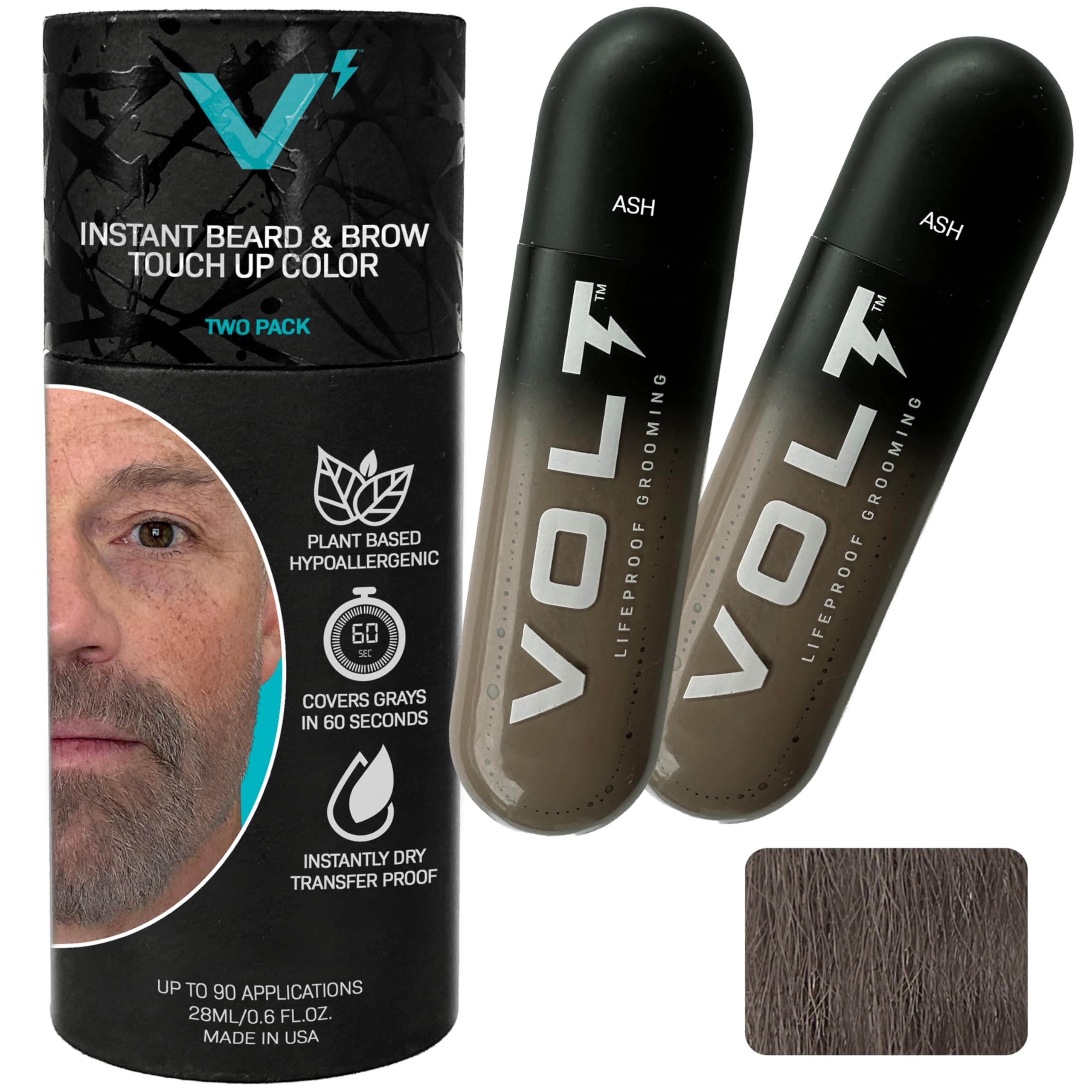 VOLT Grooming Temporary Instant Beard Color for Men Quick-Dry Plant-Based Brush On Beard, Hair, Mustache & Brow Color, For Sensitive Skin, Ash Gray Brown, 2-Pack Refill, 90+ Applications
