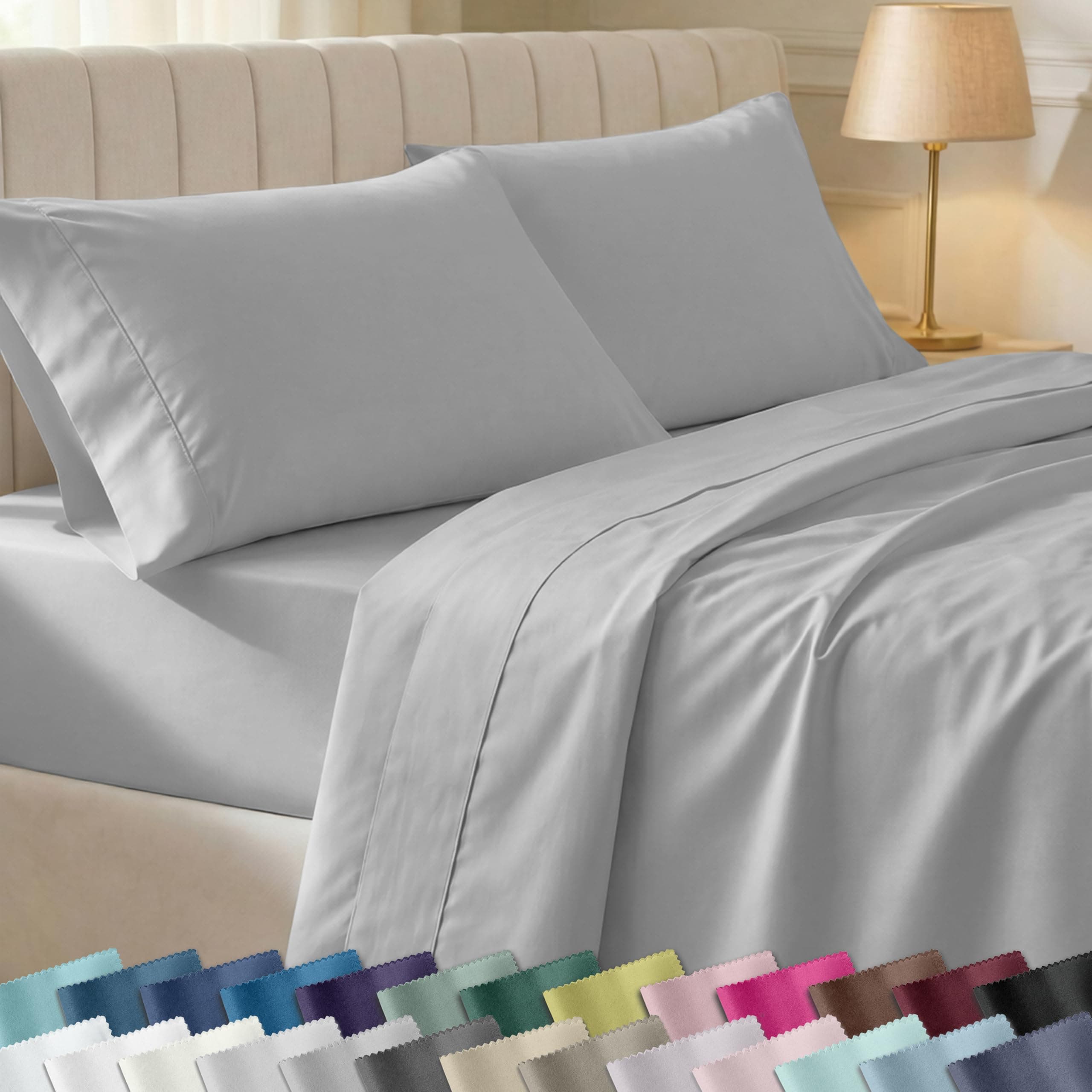 California Design Den 6-Pc King Size Sheet Set with 4 Pillowcases - Soft 400 Thread Count 100% Cotton Sheets, Sateen Weave, Deep Pocket Bedsheets Set - Light Grey