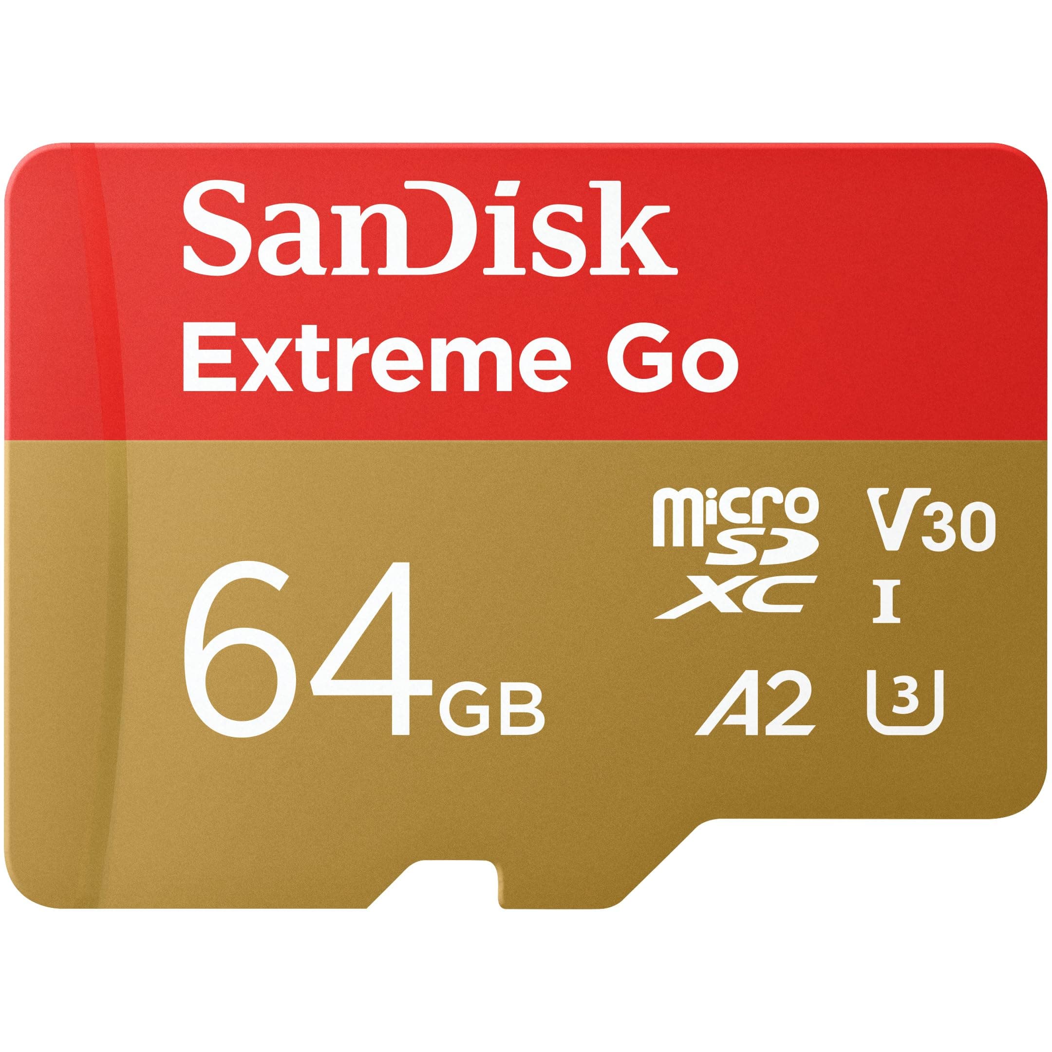 SanDisk Extreme Go micro SDXC card + SD adapter 64GB (For Android Devices, Gaming Consoles, Drones, Action Cams, UHS-I, up to 200 MB/s, V30, 5K, 4K, UHD, Rescue PRO, Class 10, U3) For Amazon