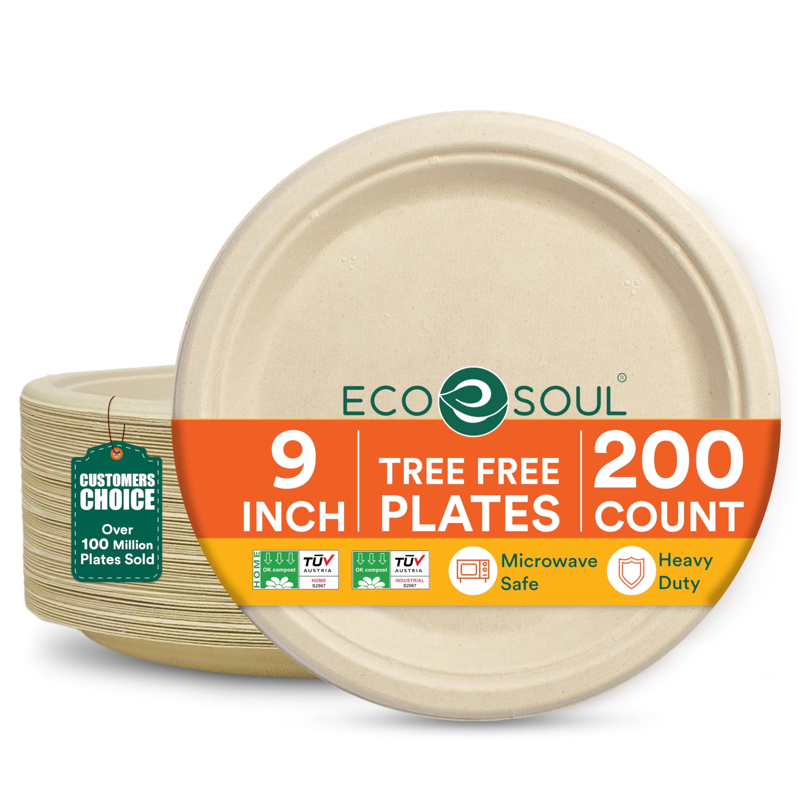 ECO SOUL Compostable 9 Inch(200-Pack) Biodegradable Heavy-Duty Disposable Eco-Friendly Paper Plates for Christmas Dinner & Parties, Wedding, Event
