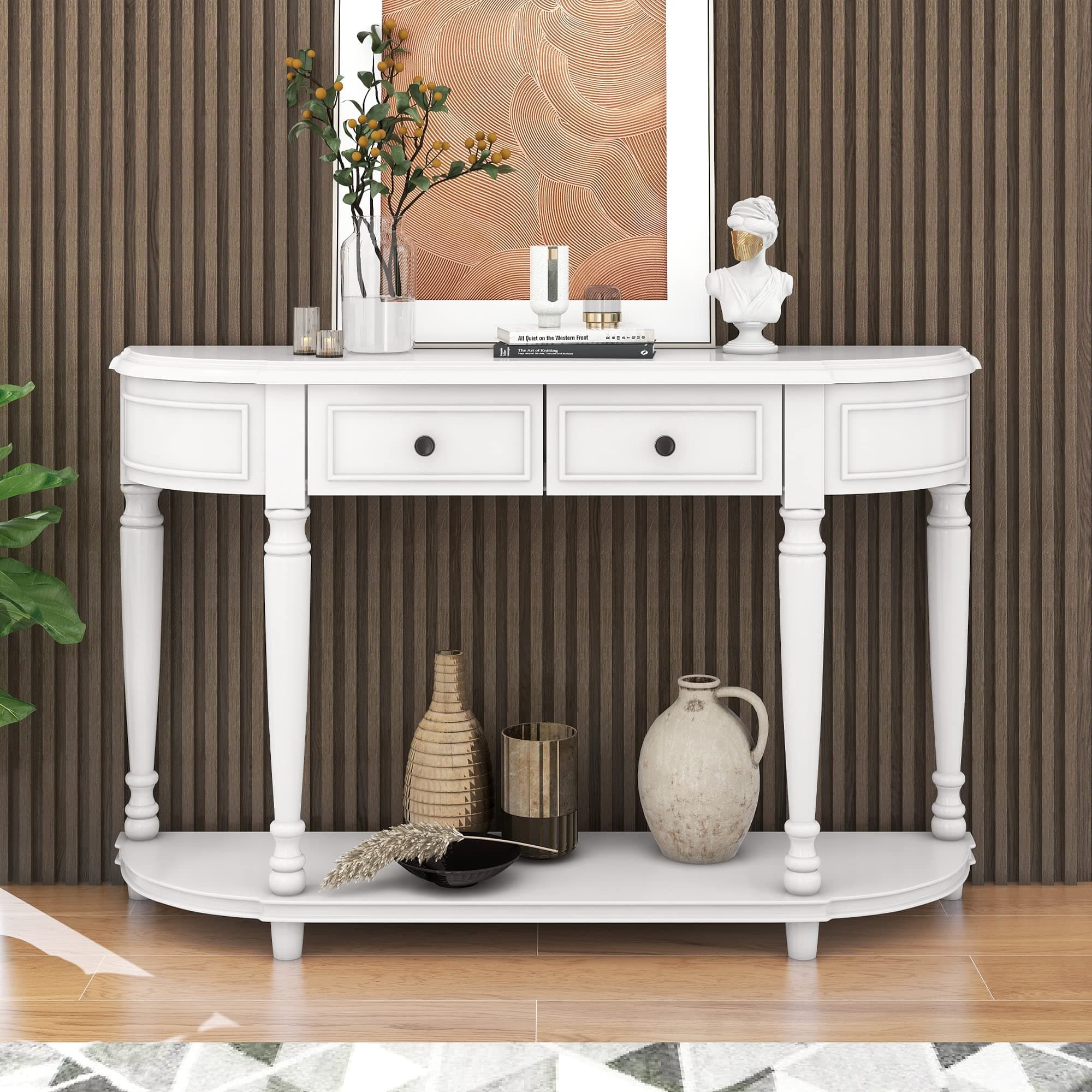 Royard Oaktree 52" Curved Console Table Retro Wood Entryway Table with 2 Drawers and Storage Shelf Accent Sofa Table for Living Room Foyer Entryway Hallway, White