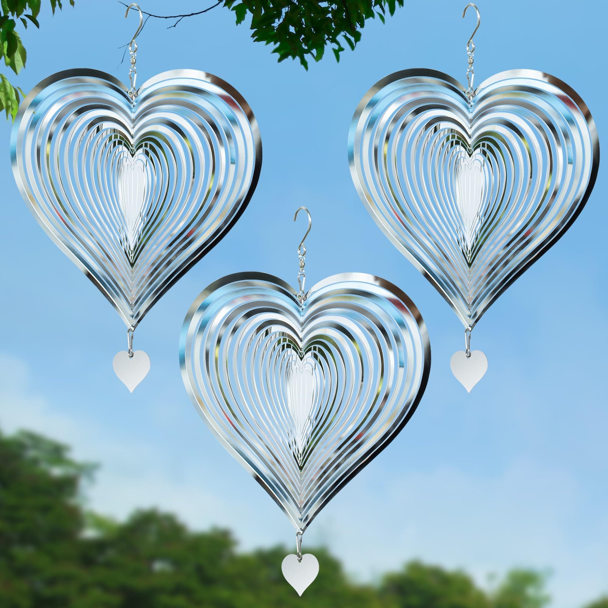 HBSTUDIO Wind Spinner, Silver Heart Wind Spinners for Yard and Garden, 3D Stainless Steel Heart Wind Spinners, Hanging Wind Spinners Wind Kinetic Sculptures Outdoor Yard Decorations(3PCS)