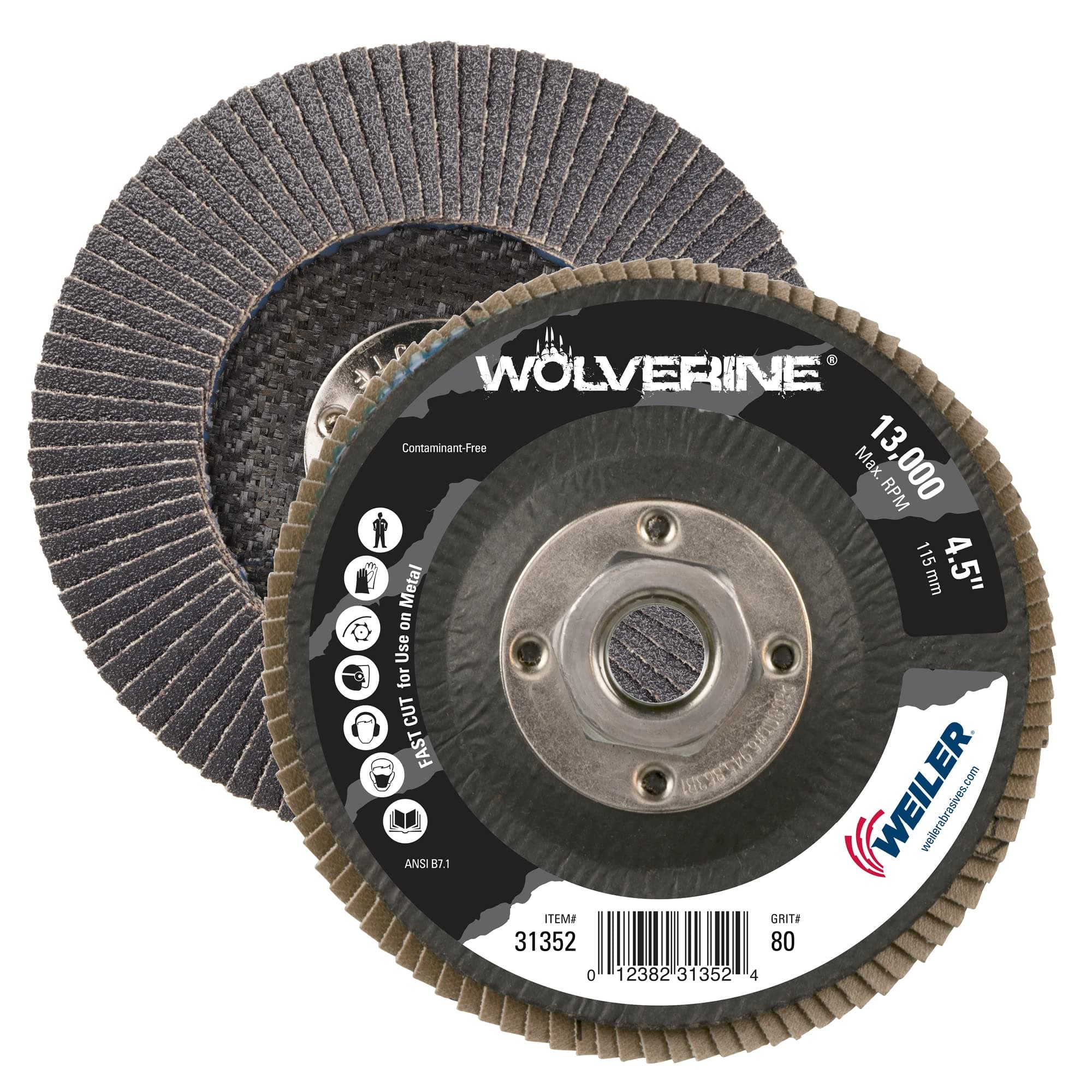 Weiler 31352 Wolverine 4-1/2" x 5/8"-11 UNC NUT Abrasive Flap Disc, 80 Grit Zirconia Alumina, Bevel Type 29, Phenolic Backing, Standard Density