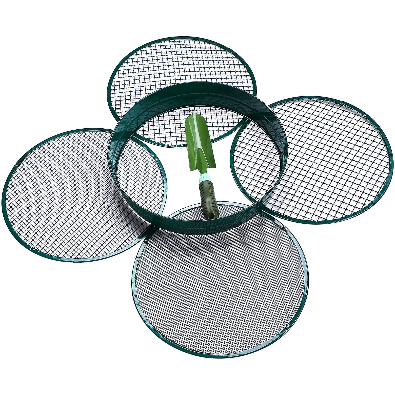 Garden Riddle Sieve Mesh Garden Mini Metal Stackable Sifting Pan Soil Sand Sieve with 4 Pieces Interchangeable Filter Mesh Sizes 1/2, 1/4, 3/8, 1/8 Inch and Hand Trowel for Garden Soil Supplies