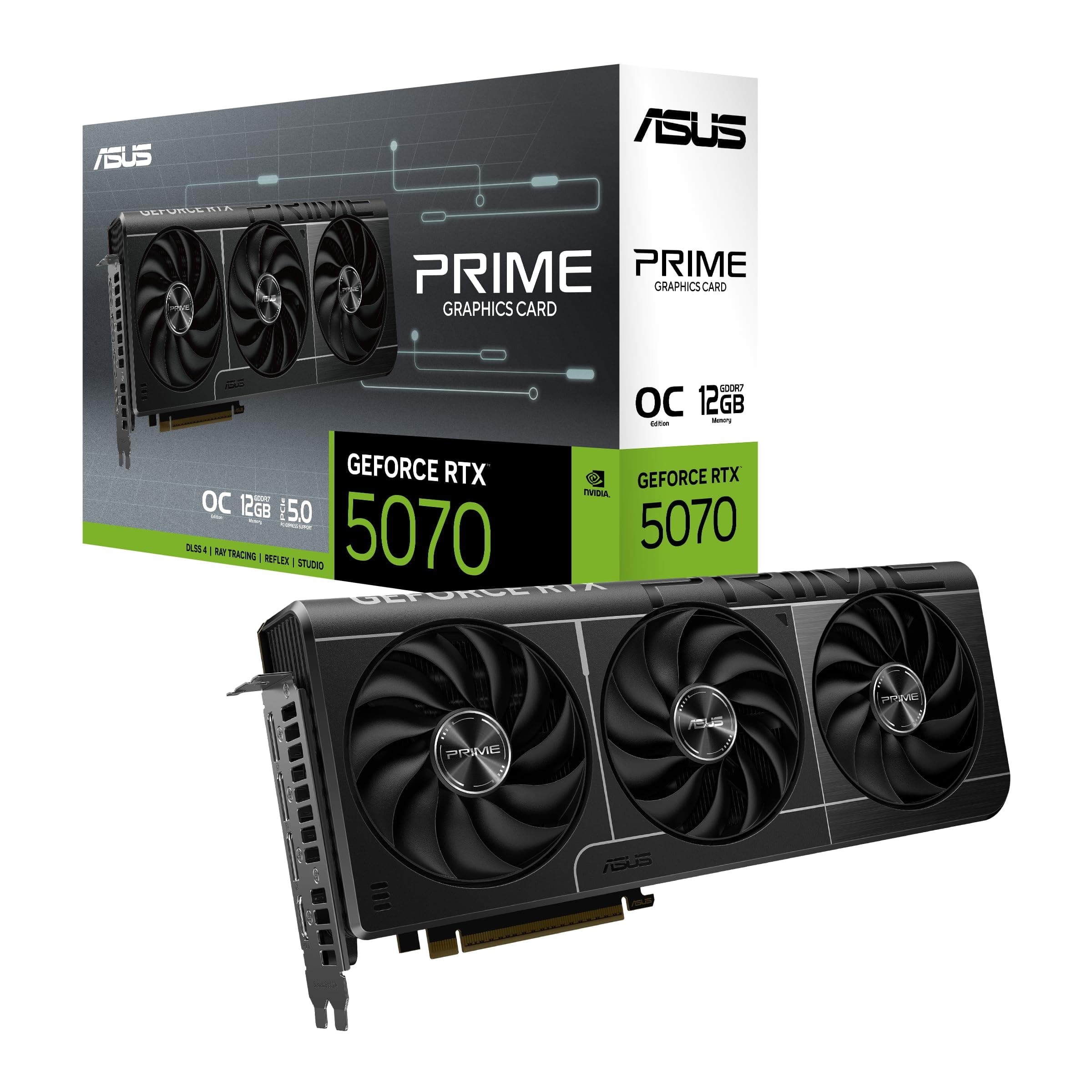 The SFF-Ready Prime GeForce RTX™ 5070 OC Edition Graphics Card, NVIDIA, Desktop (PCIe® 5.0, 12GB GDDR7, HDMI®/DP 2.1, 2.5-Slot, Axial-tech Fans, Dual BIOS)