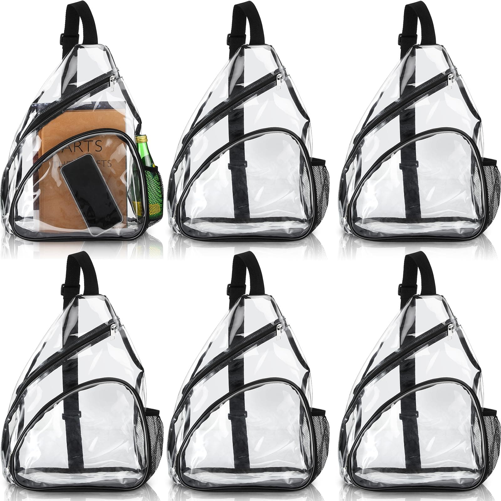 6 Piece Transparent Sling Bag Transparent Backpack Stadium Approved Plastic Clear Shoulder Crossbody Backpack with Water Holders for Sports Event Concert Travel Stadium
