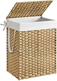 SONGMICS Laundry Basket, 90L Synthetic Rattan Storage Basket with Lid and Handles, Wicker, Foldable, Removable Liners, for Blankets, Clothes, Living Room, Bedroom, Laundry Room, Natural Colour LCB51NL