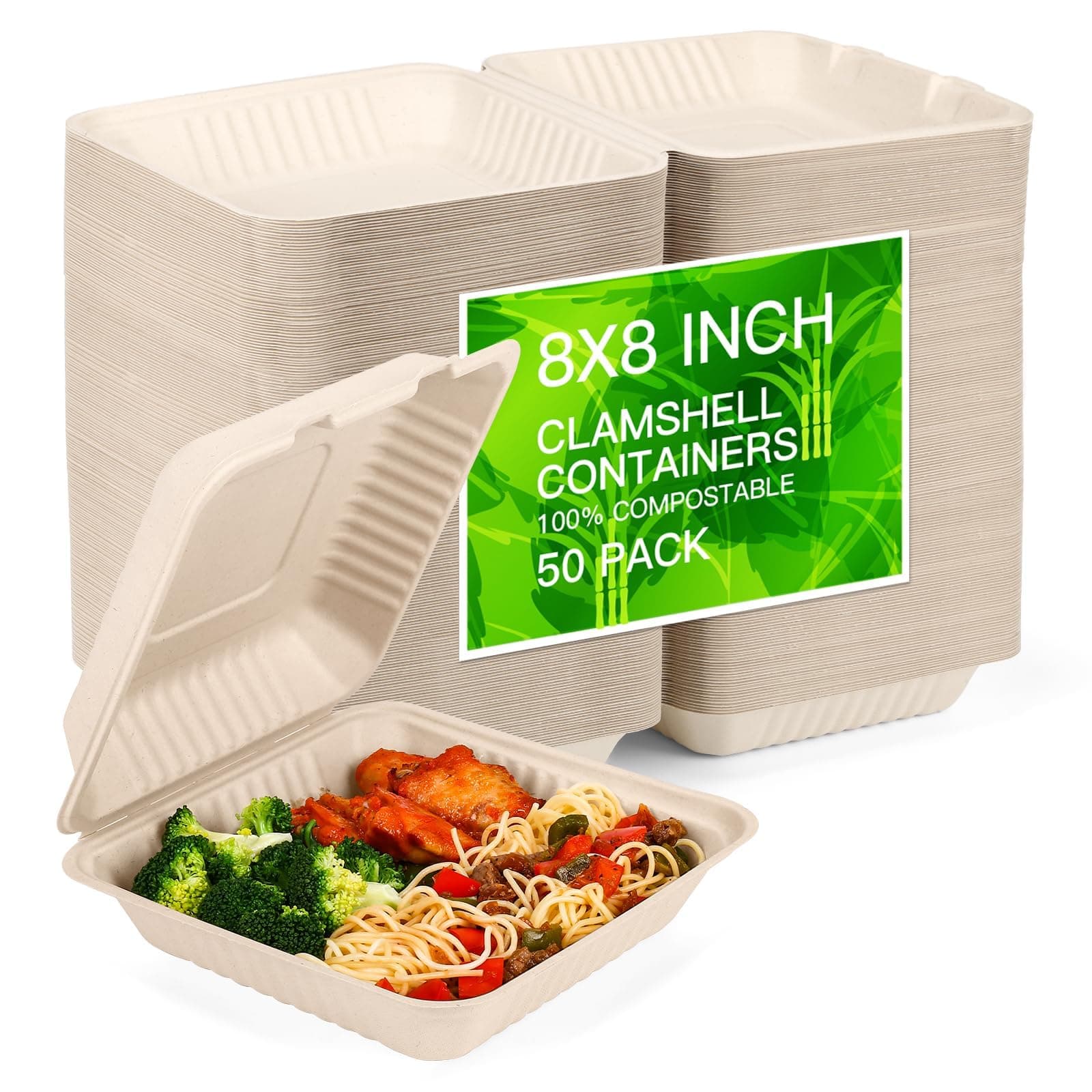 Sunlive 100% Home Compostable 50 Pack Disposable Clamshell Take Out Food Containers, 8X8'' 1-Compartment to go Containers, Biodegradable Heavy-Duty to go Boxes, Made of Sugarcane Fibers