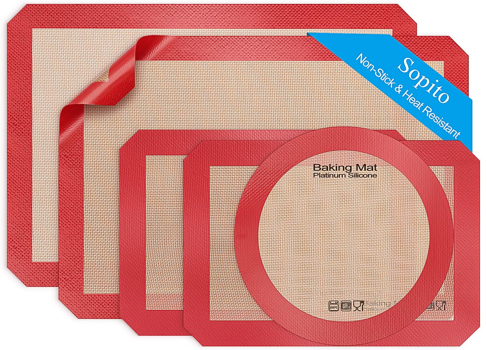 Sopito5PCS Non Stick Platinum Silicone Baking Mat for Half Sheet & Quarter Baking Sheet and 9'' Pizza Pan, Reusable & Food Safe Heat Proof Up to 480℉ Cooking Mat, Red
