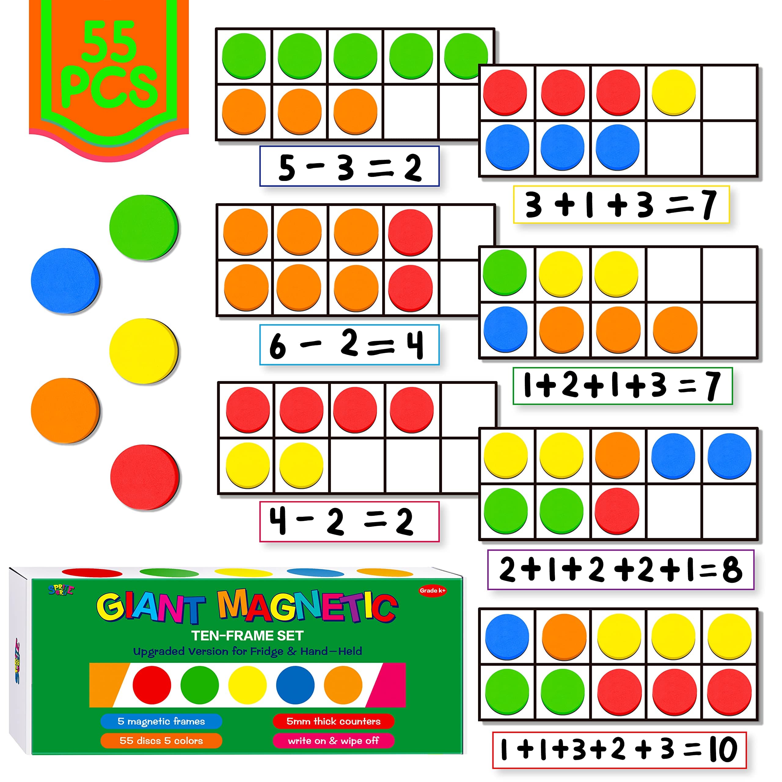 Magnetic Ten-Frame Set, Including 5 Frames (no Hollowed Out) and 55 Colorful Discs (Upgraded Version for Fridge & Hand-held)