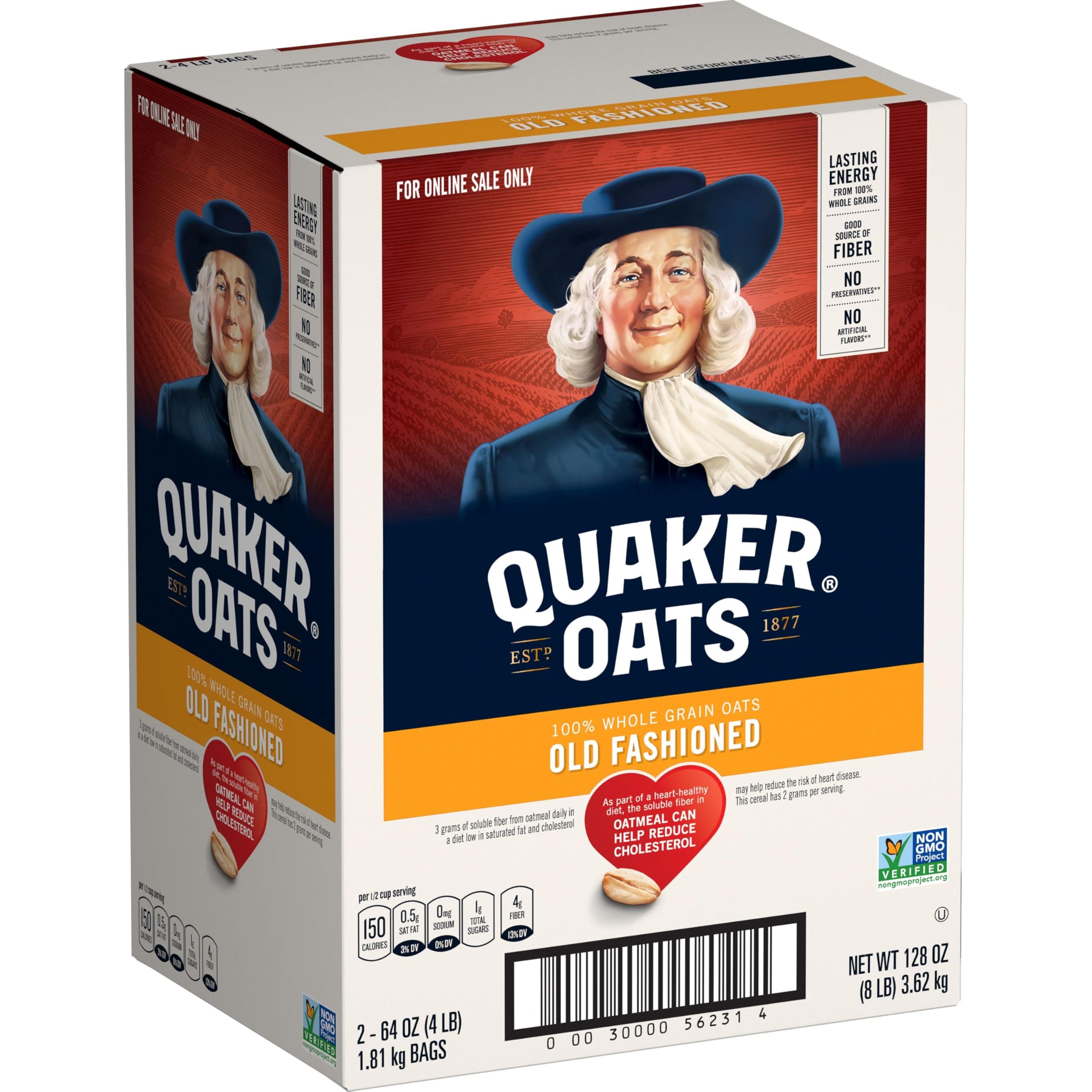 Quaker Old Fashioned Rolled Oats, Non GMO Project Verified, Two 64oz Bags in Box, 90 Servings, 4 Pound (Pack of 2)