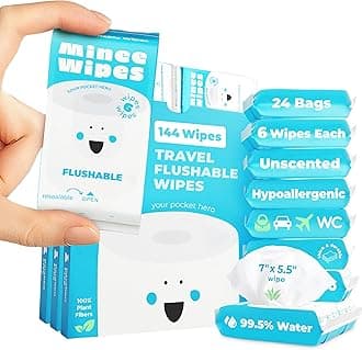 Impossibly Compact Travel Flushable Wipes - 99.5% Water and Aloe - Safe for Sensitive Skin & Hypoallergenic - Travel Essentials for Adults, Kids & Babycare, Unscented, 24 Pack 144 Wipes
