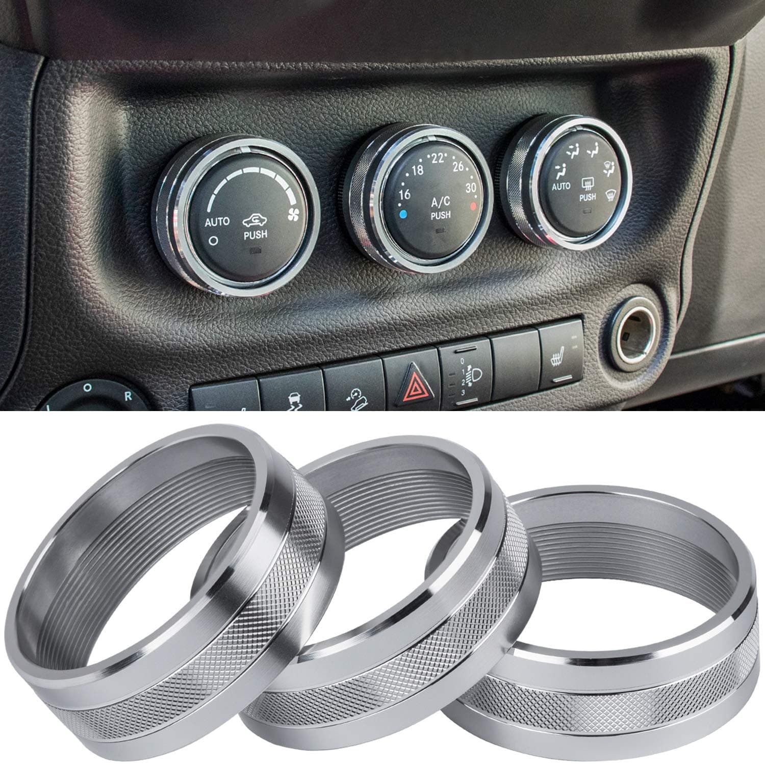 Audio Air Conditioning Button Cover Decoration Twist Switch Ring Trim for Jeep Wrangler JK JKU Patriot 2011-2018, Compass 11-16, Liberty 08-12, Dodge Challenger 08-14 Interior Accessories (Silver)