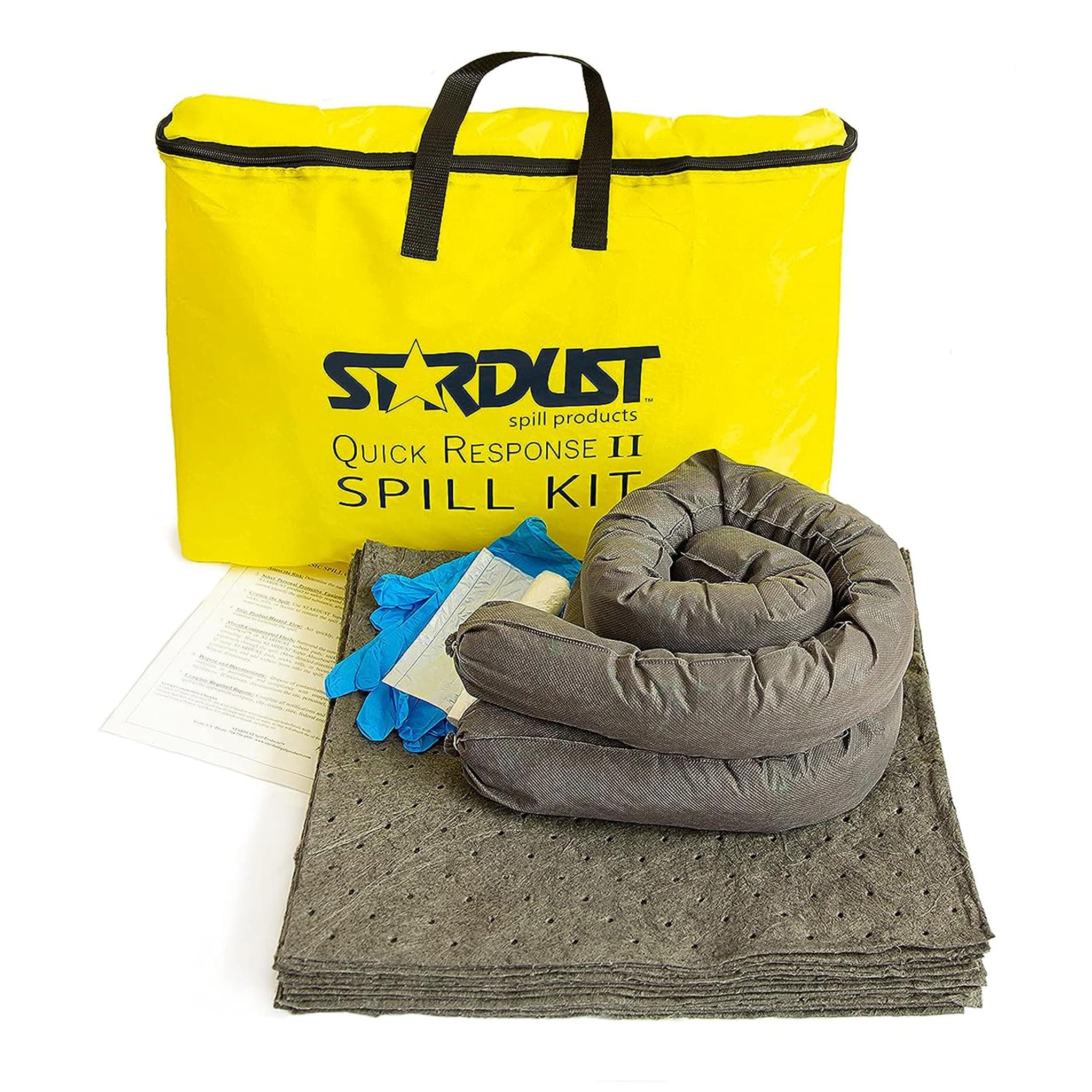 - Stardust Spill Products D715 Quick Response II Spill Kit Includes Yellow Duffle, 15 Universal Sorbent Pads, 2 Universal Sorbent Socks 3"x4', 4 Disposal Bags, Nitrile Gloves