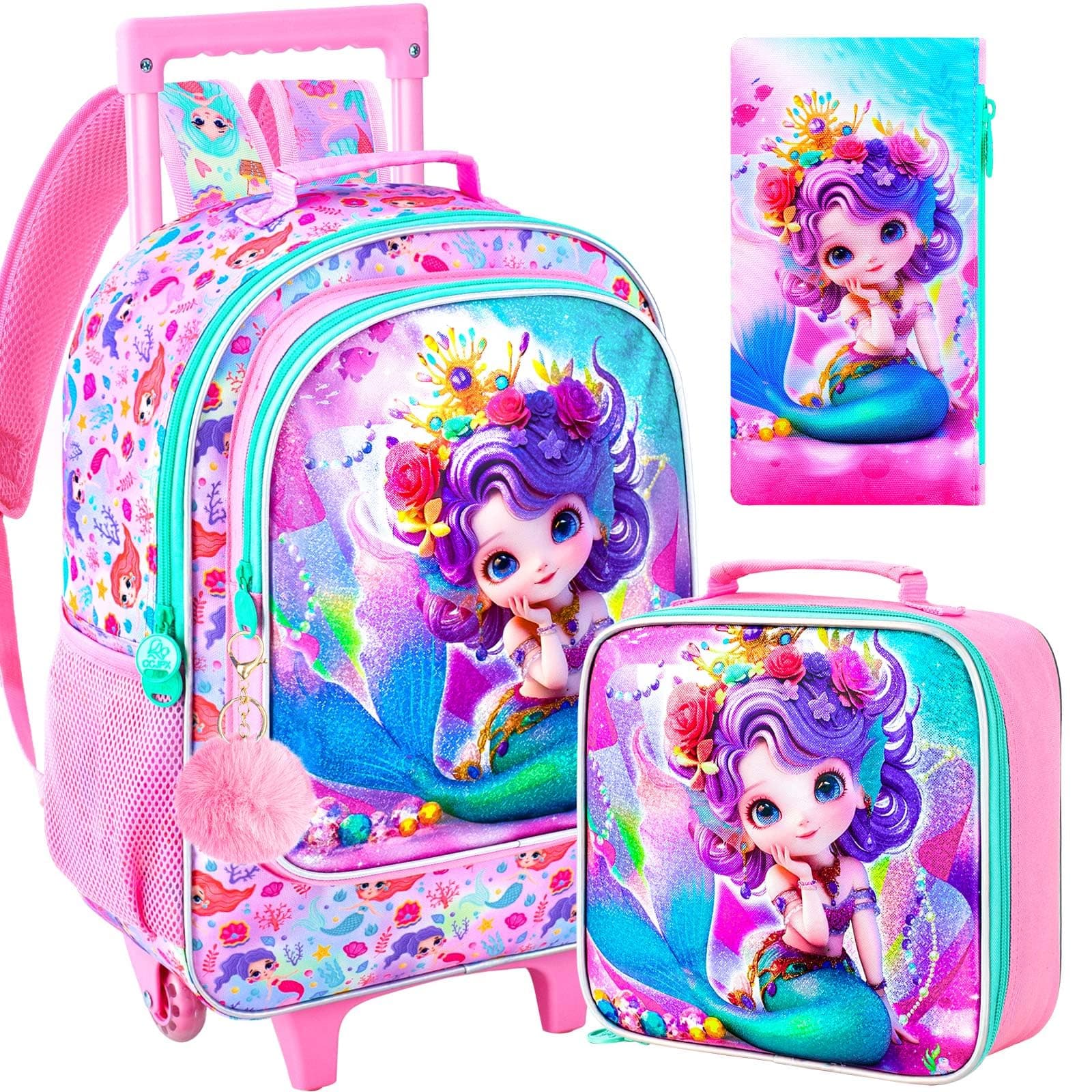 3Pcs Rolling Backpack for Girls, Kids Roller School Backpack with Wheels, Mermaid Wheeled Bookbag for Elementary Preschool Kindergarten(Pink)
