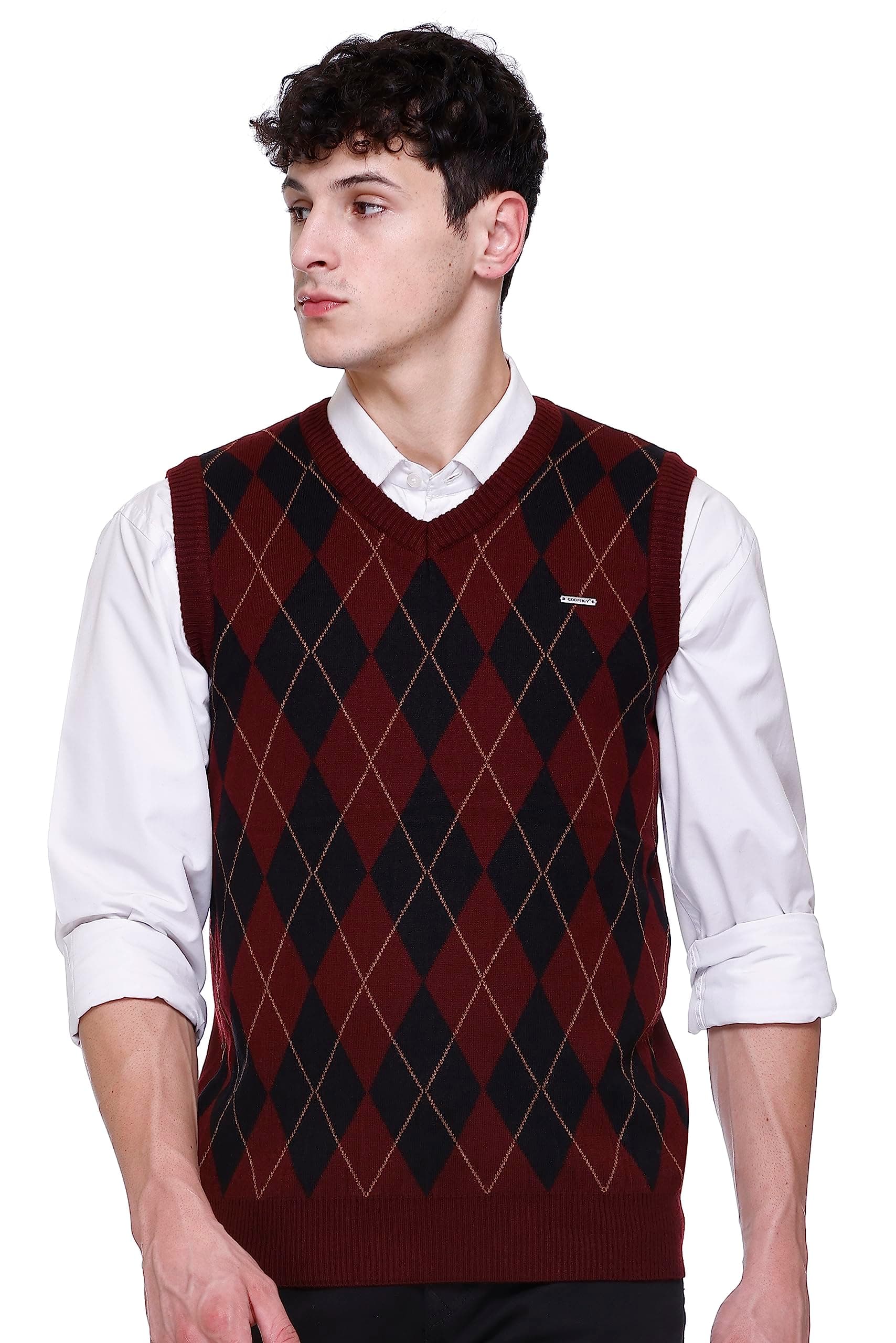 GODFREYWoolen V Neck Sleeveless Half Sweater for Man Winter Pullover