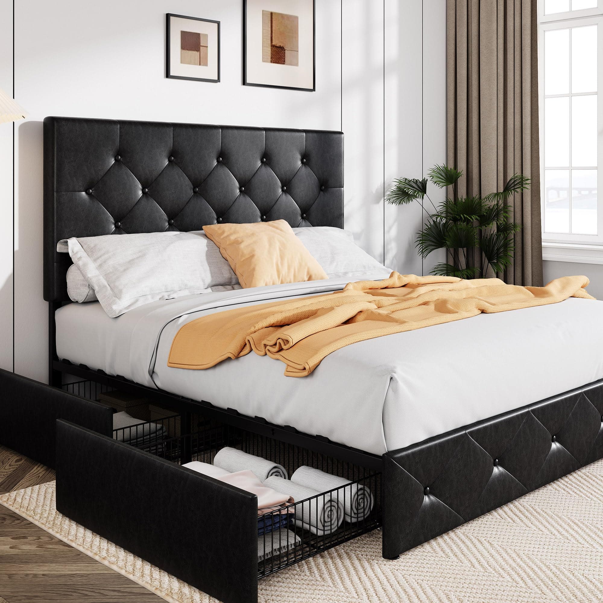 Upholstered Full Size Platform Bed Frame with 4 Storage Drawers and Headboard, Diamond Stitched Button Tufted, Mattress Foundation with Wooden Slats Support, No Box Spring Needed, Black