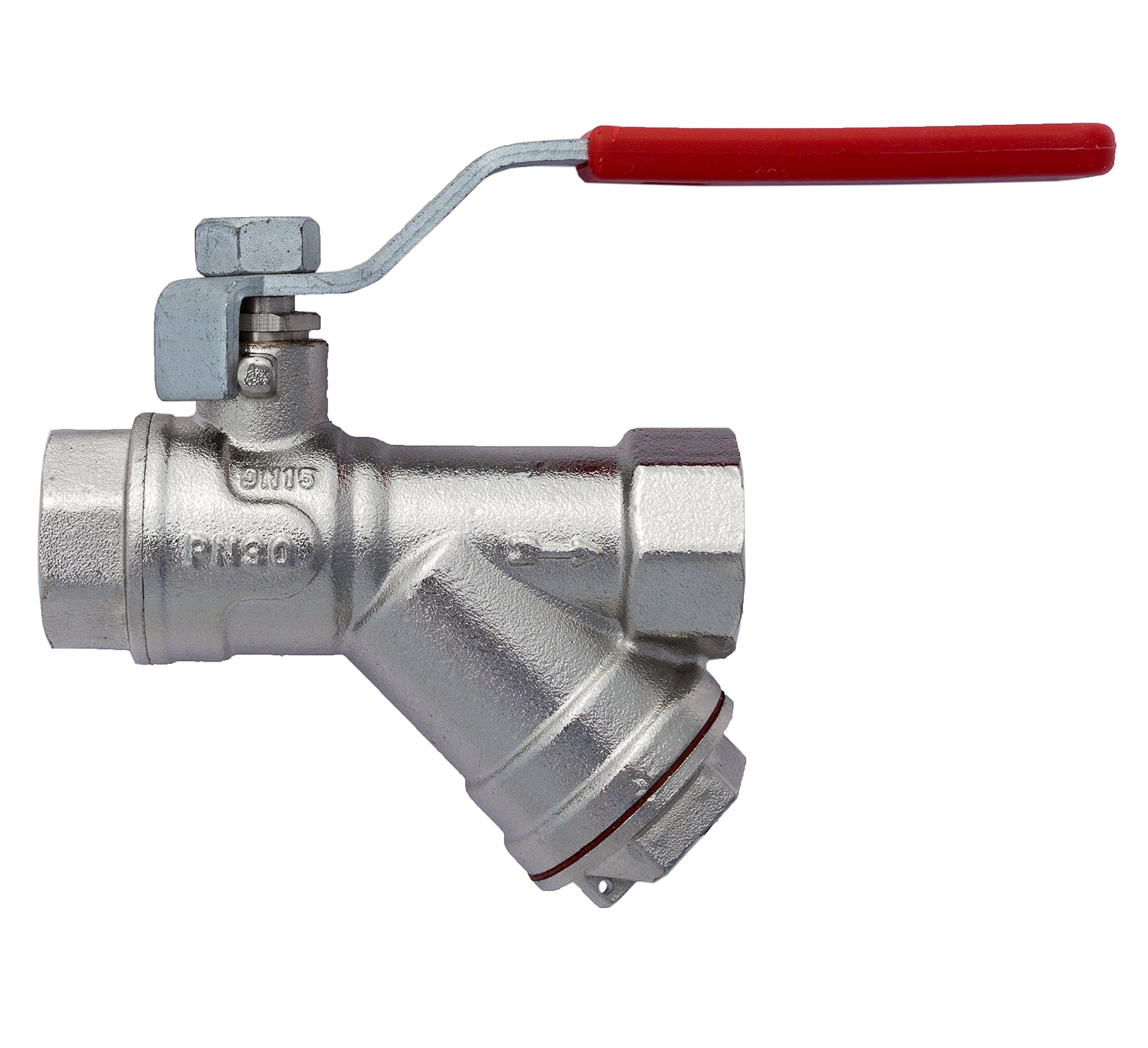 HYDROBIL Water Pipe Ball Valve Connector with Mesh Strainer, 1/2" BSP Female to Female - Nickeled Brass, Temp. Range -20°C to 150°C, Max. Pressure 30 Bar, Red Stainless Steel Lever, PTFE Sealed Ball